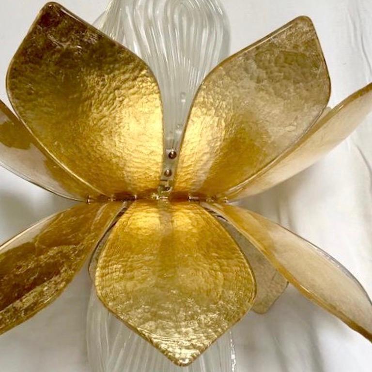 Contemporary Italian Brass Gold Leaf Murano Glass Flower Chandelier Pendant For Sale 1