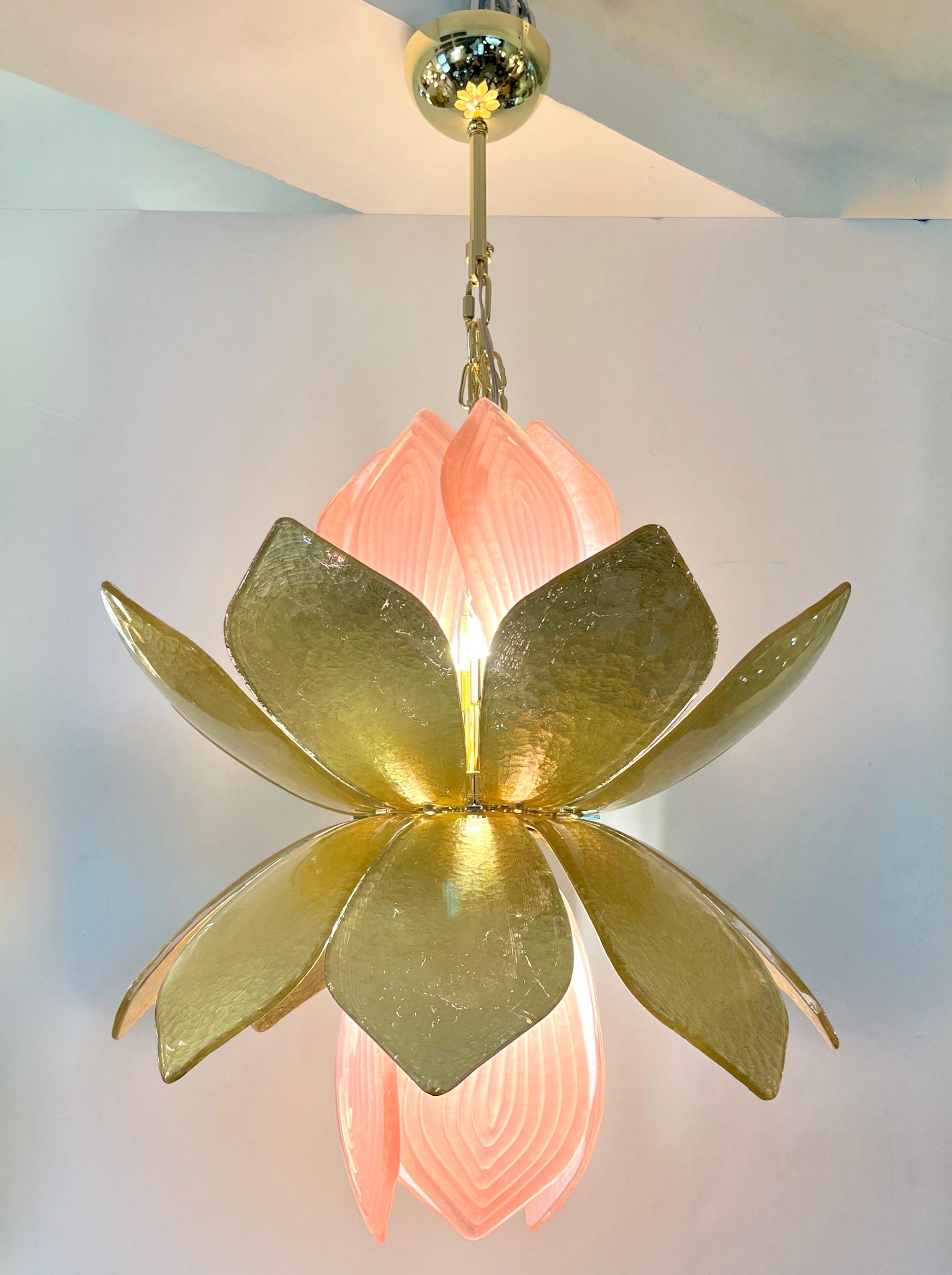 Contemporary Italian Brass Gold Leaf Murano Glass Flower Chandelier Pendant For Sale 2