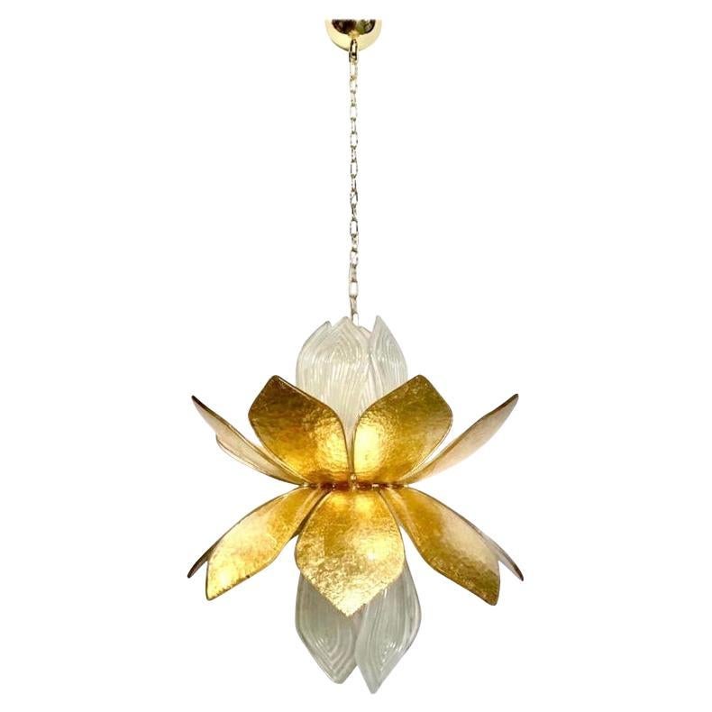 Contemporary Italian Brass Gold Leaf Murano Glass Flower Chandelier Pendant For Sale