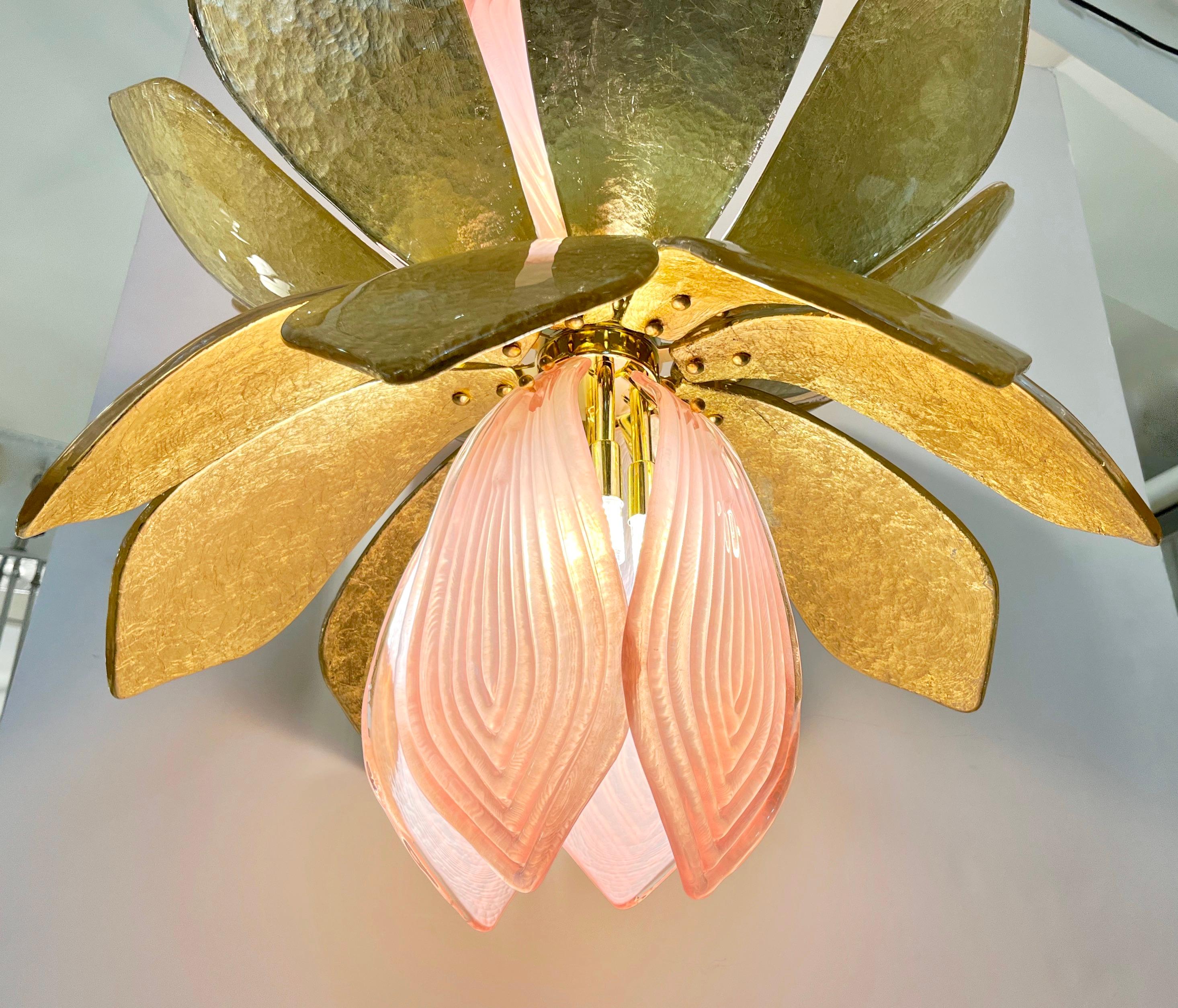 Contemporary Italian Brass Pink Gold Leaf Murano Glass Flower Chandelier Pendant For Sale 5