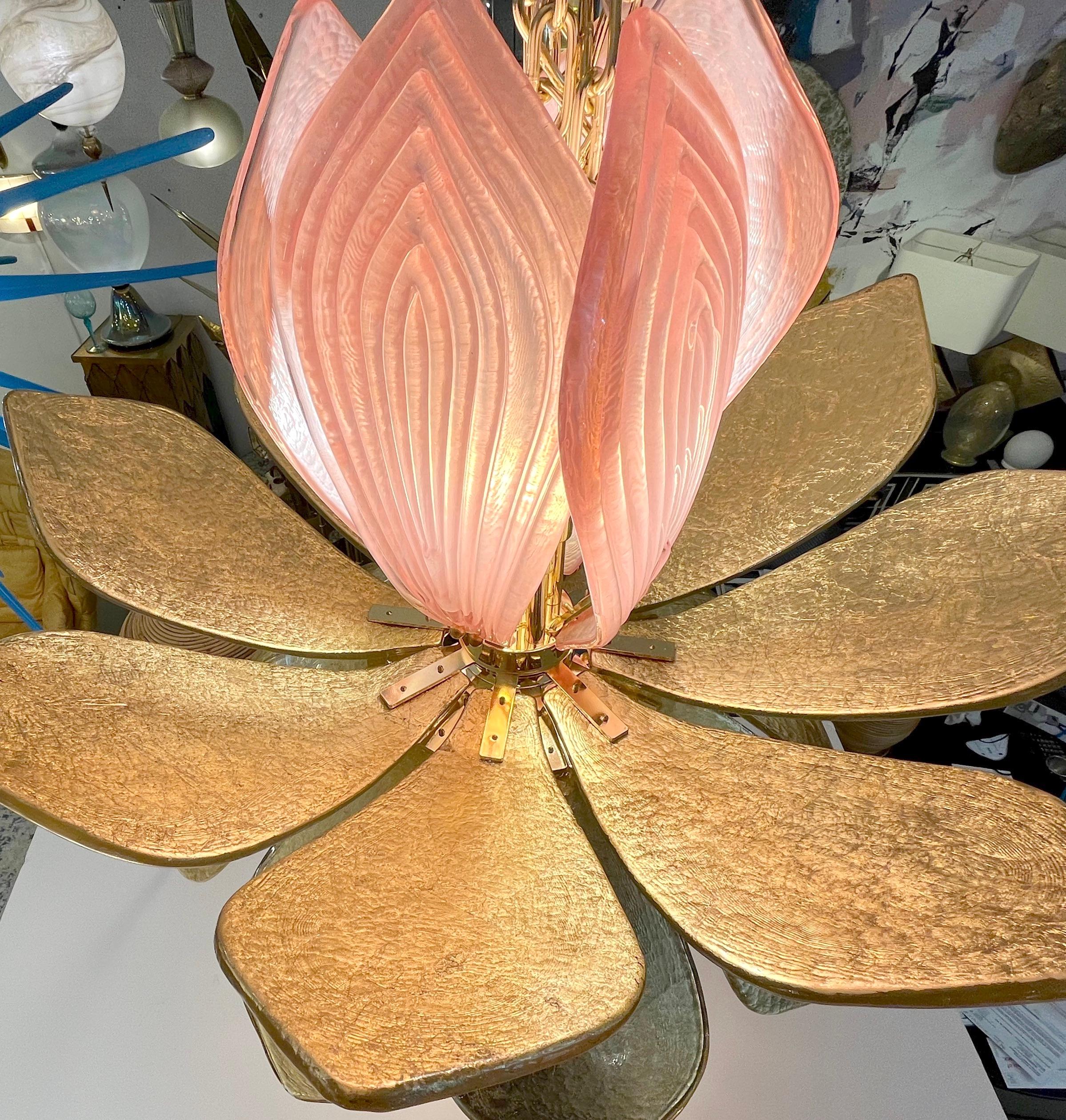 Contemporary Italian Brass Pink Gold Leaf Murano Glass Flower Chandelier Pendant For Sale 5