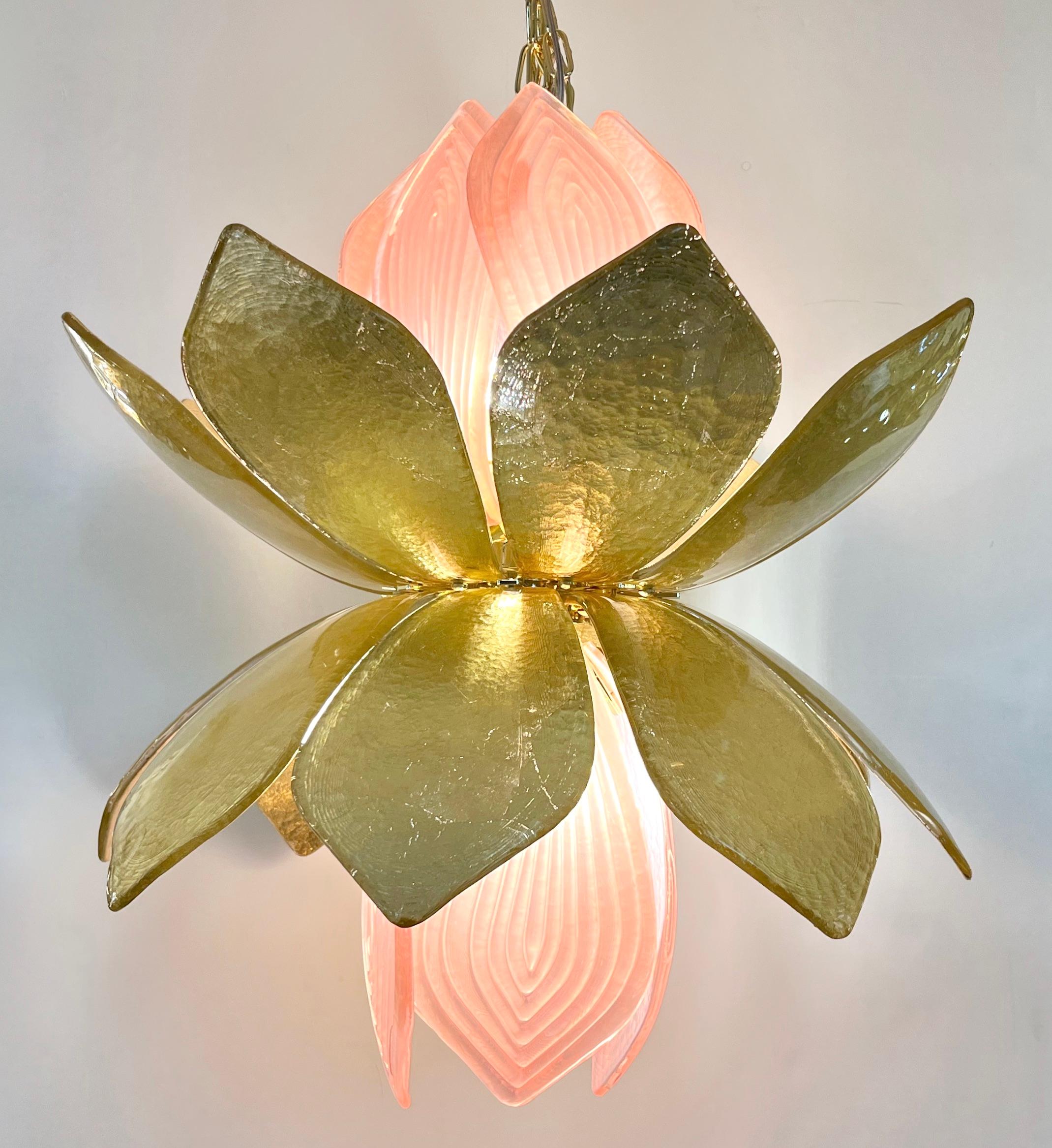 Contemporary Italian Brass Pink Gold Leaf Murano Glass Flower Chandelier Pendant For Sale 9