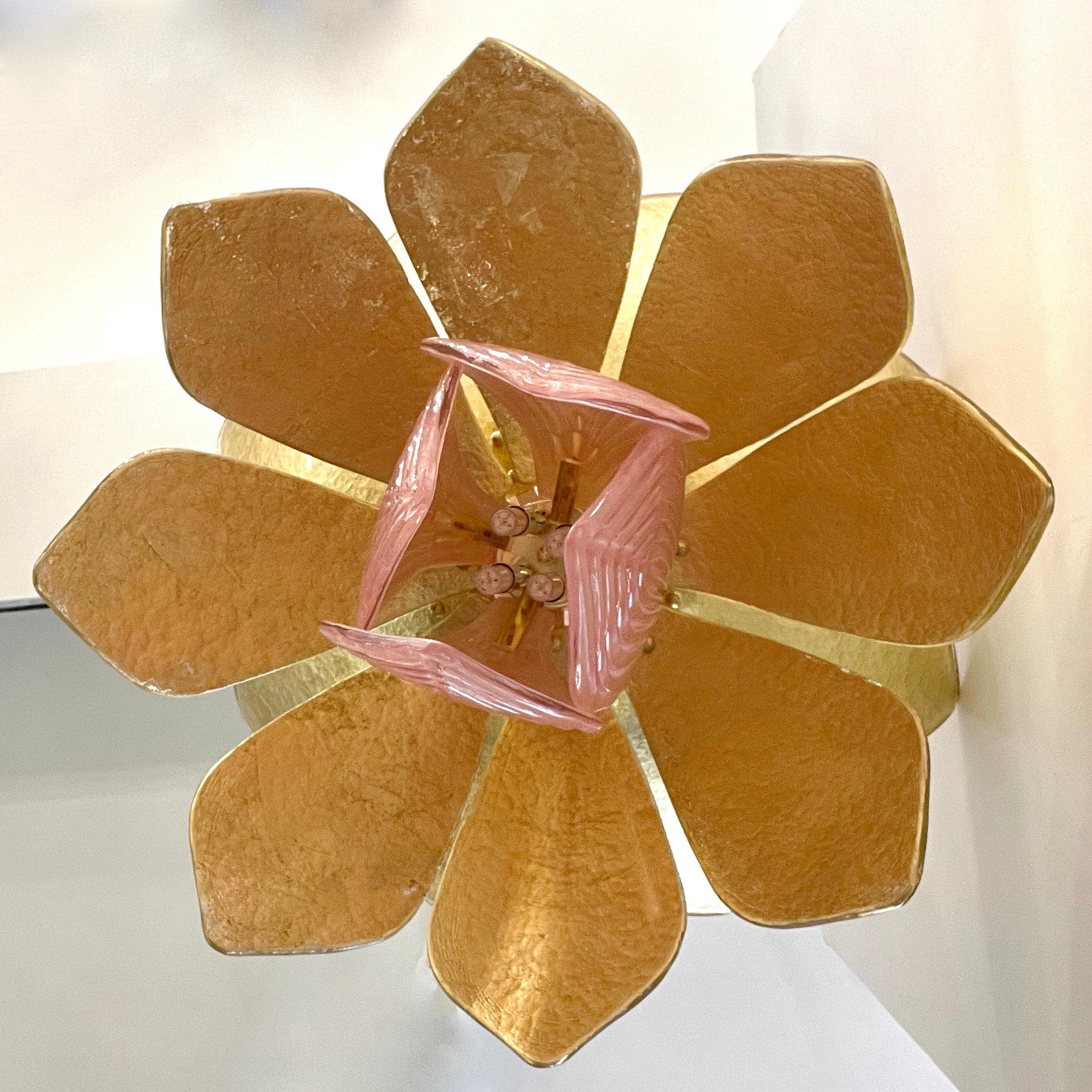Contemporary Italian Brass Pink Gold Leaf Murano Glass Flower Chandelier Pendant For Sale 12