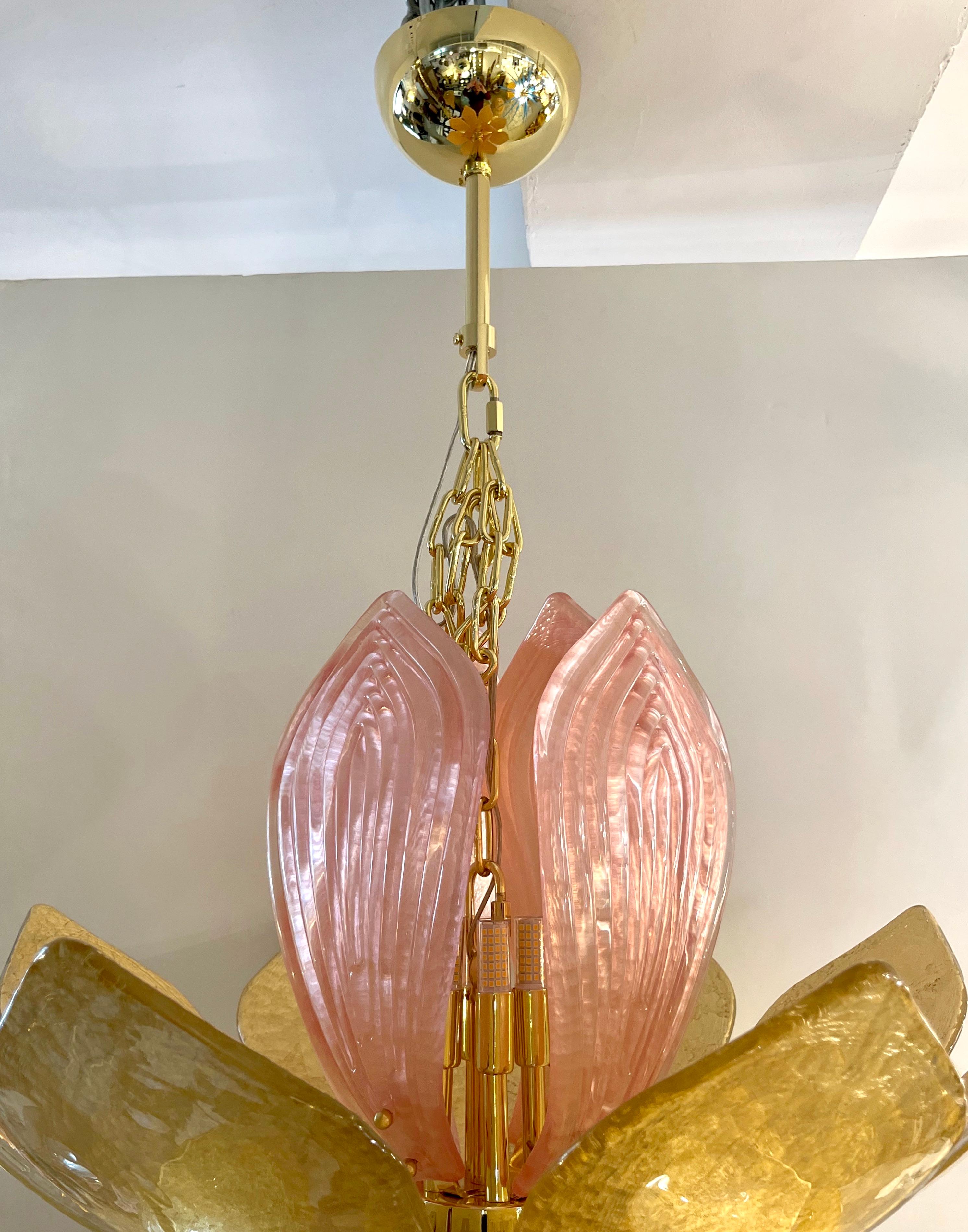 Contemporary Italian Brass Pink Gold Leaf Murano Glass Flower Chandelier Pendant For Sale 13