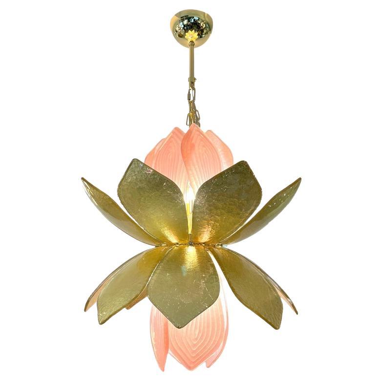 Contemporary Italian Brass Pink Gold Leaf Murano Glass Flower Chandelier Pendant For Sale