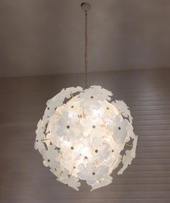 Contemporary Italian Brass & Satin White Murano Glass Flower Sputnik Chandelier