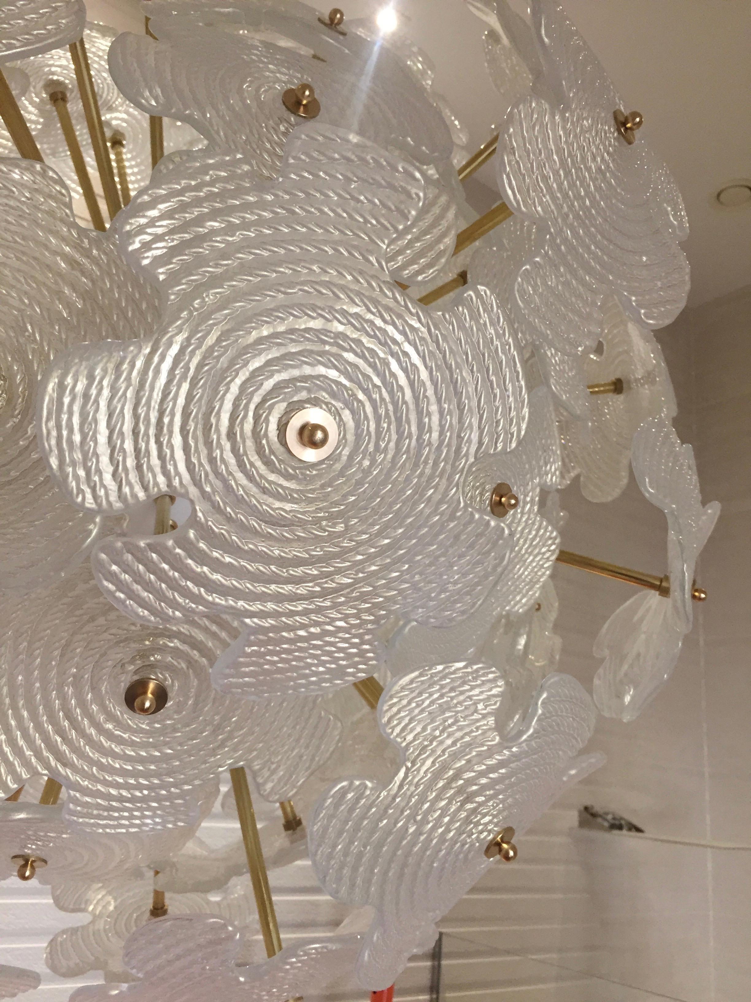Contemporary Italian Brass & Satin White Murano Glass Flower Sputnik Chandelier 2