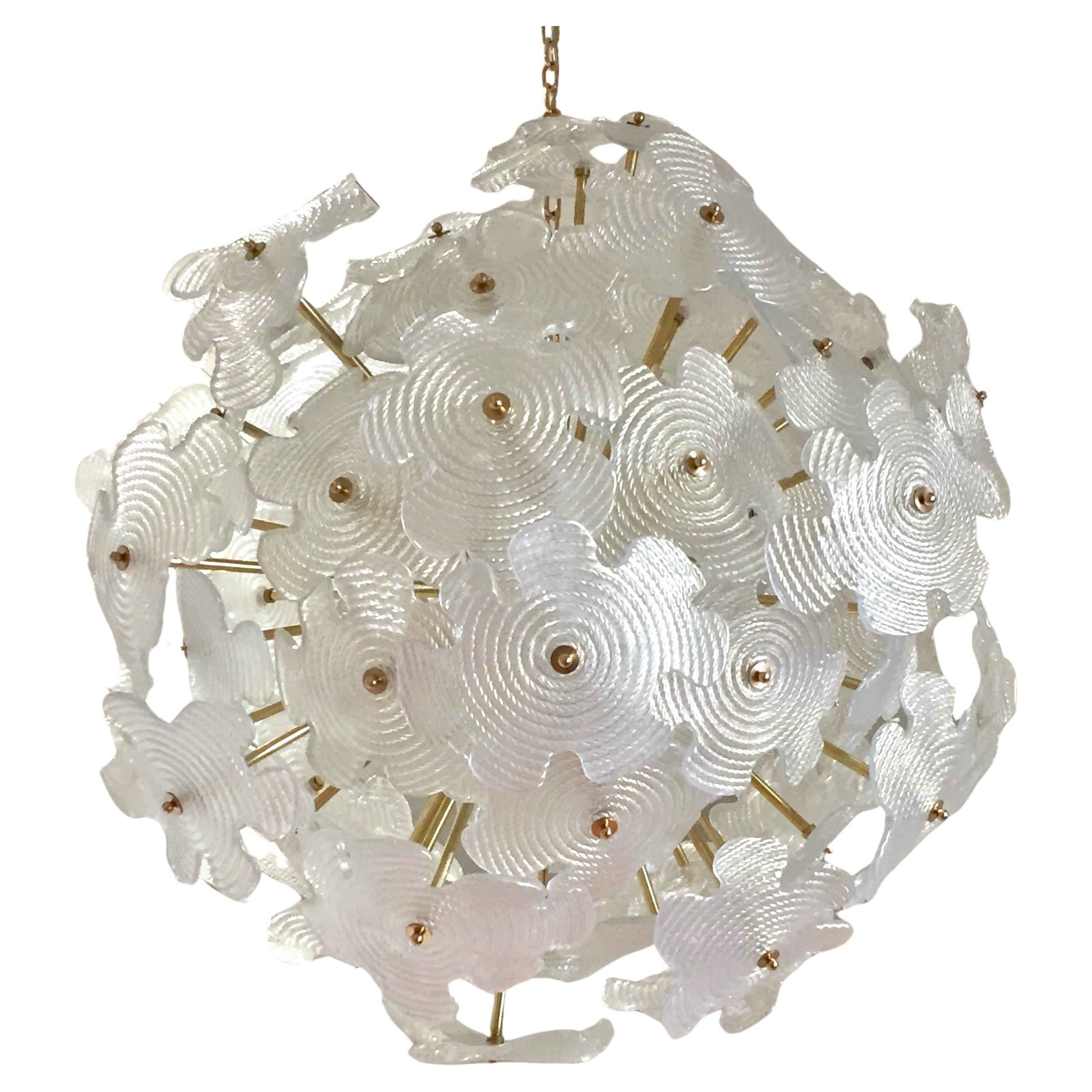 Contemporary Italian Brass & Satin White Murano Glass Flower Sputnik Chandelier For Sale