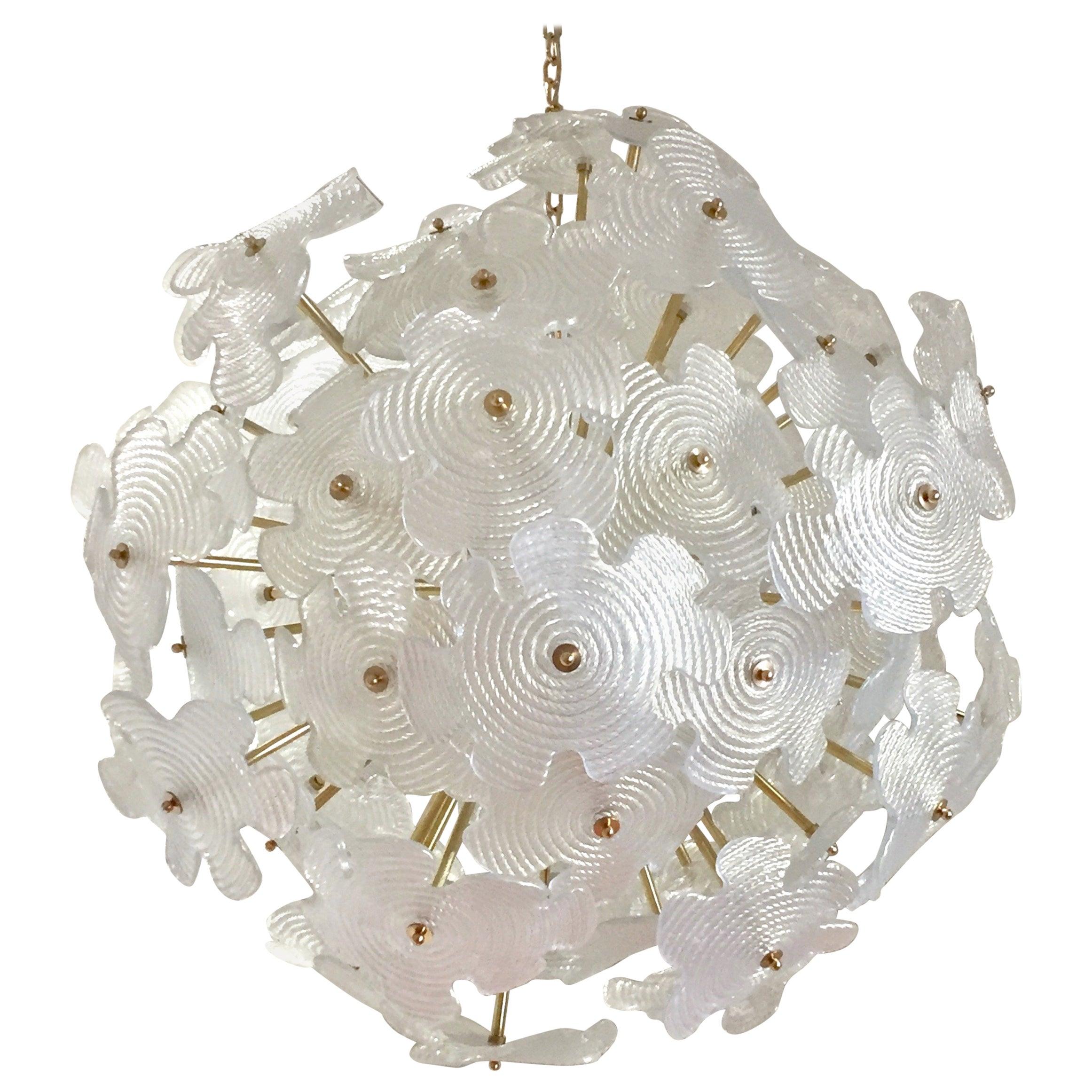 Contemporary Italian Brass & Satin White Murano Glass Flower Sputnik Chandelier