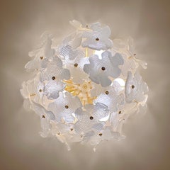 Contemporary Italian Brass & Satin White Murano Glass Flower Sputnik Flushmount