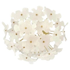 Contemporary Italian Brass & Satin White Murano Glass Flower Sputnik Flushmount