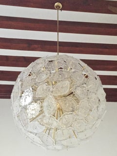 Contemporary Italian Brass & White Frosted Murano Glass Leaf Sputnik Chandelier