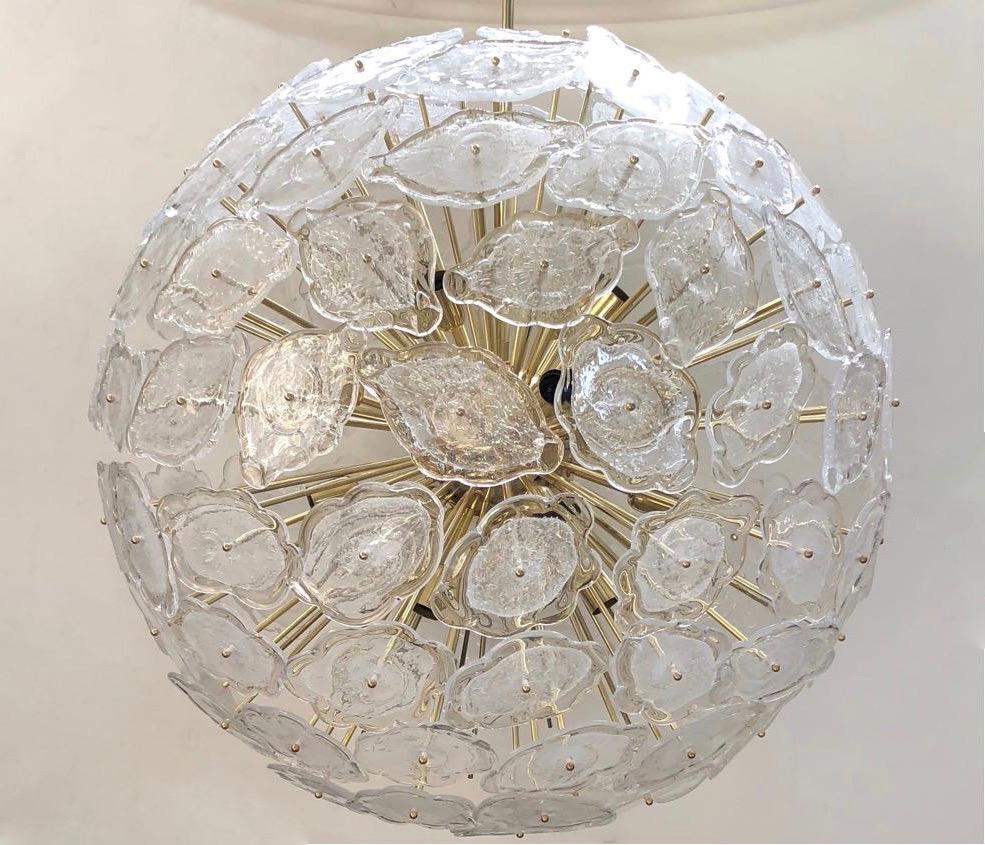 Hand-Crafted Contemporary Italian Brass & White Frosted Murano Glass Leaf Sputnik Chandelier For Sale