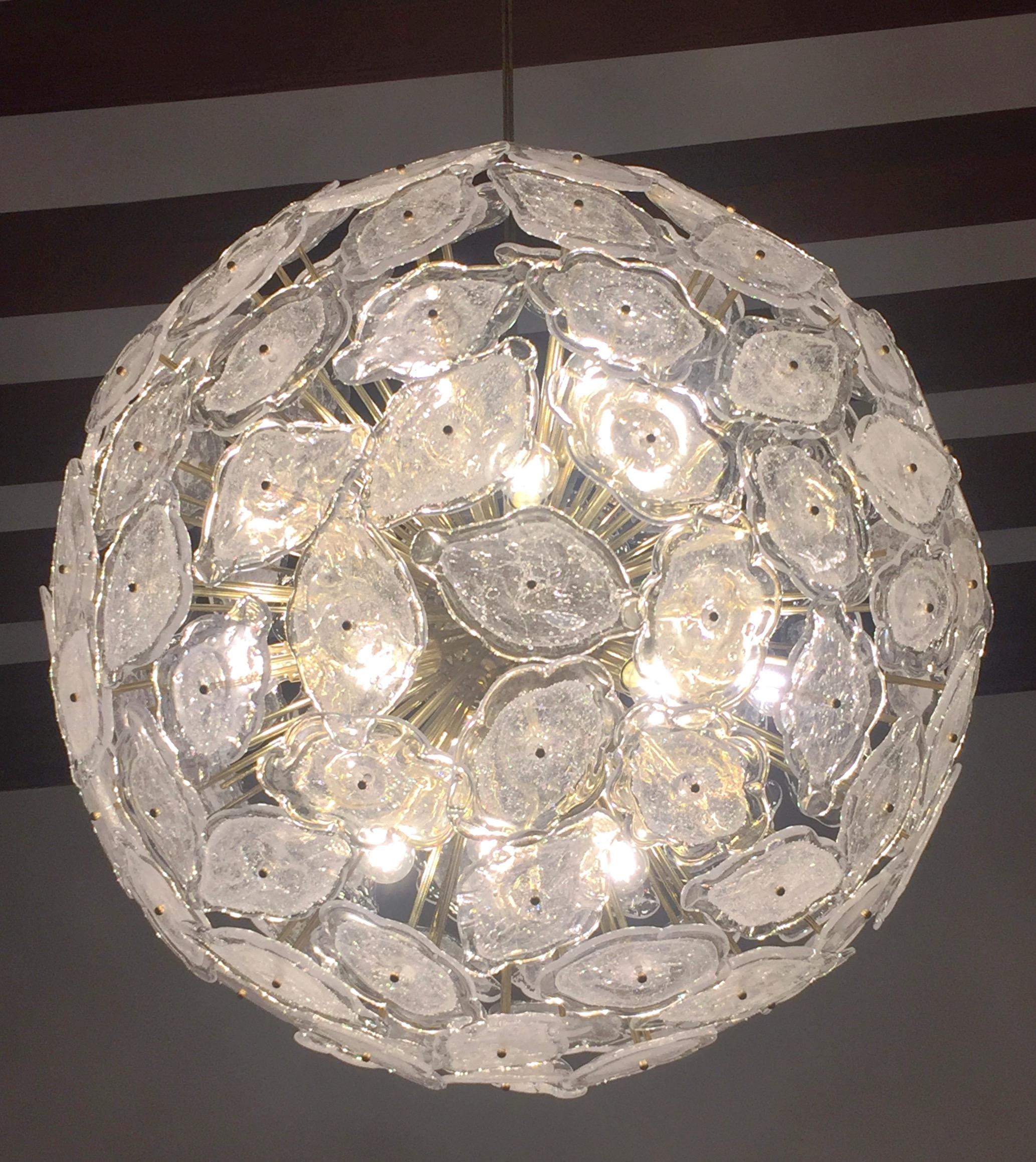 Contemporary Italian Brass & White Frosted Murano Glass Leaf Sputnik Chandelier For Sale 4