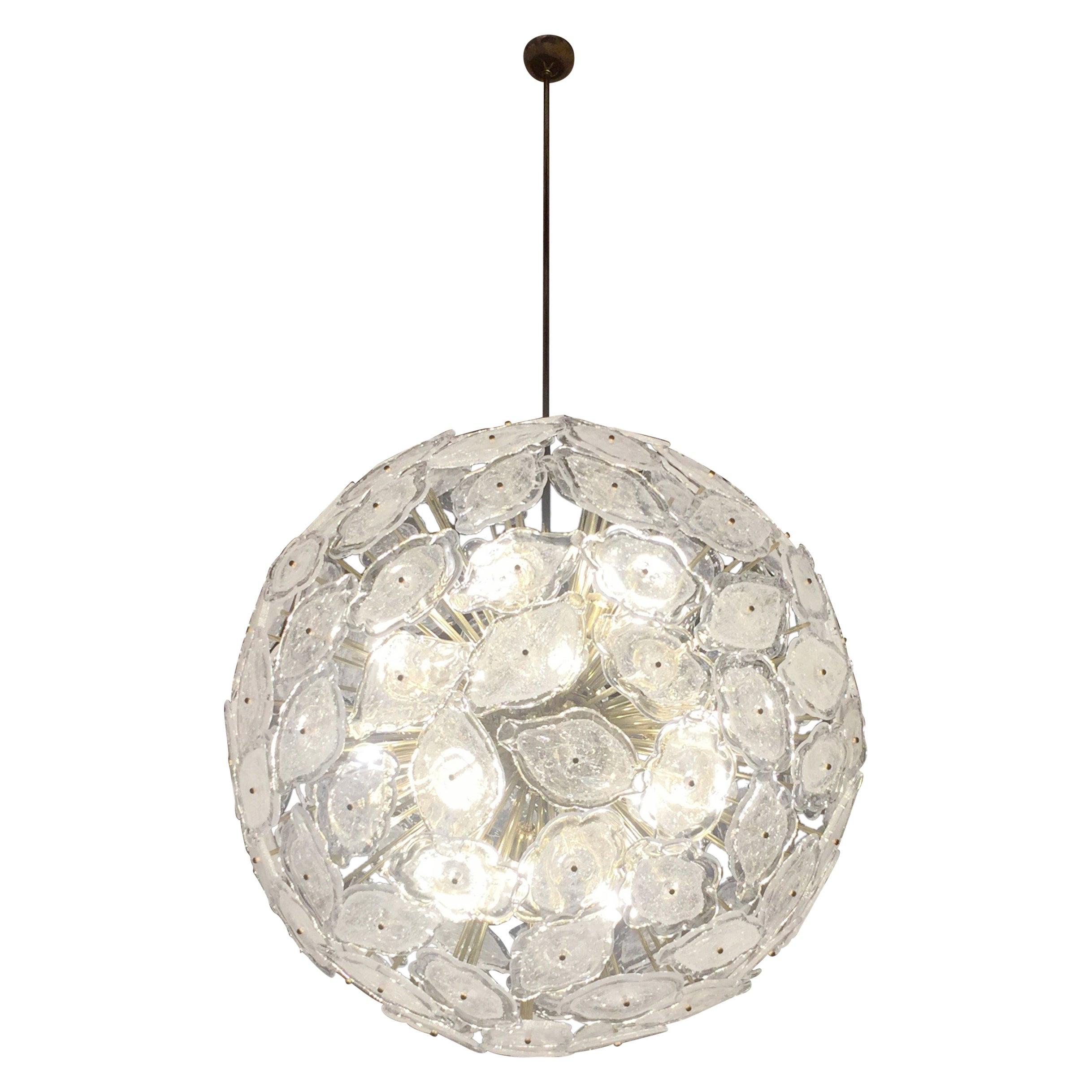 Contemporary Italian Brass & White Frosted Murano Glass Leaf Sputnik Chandelier For Sale