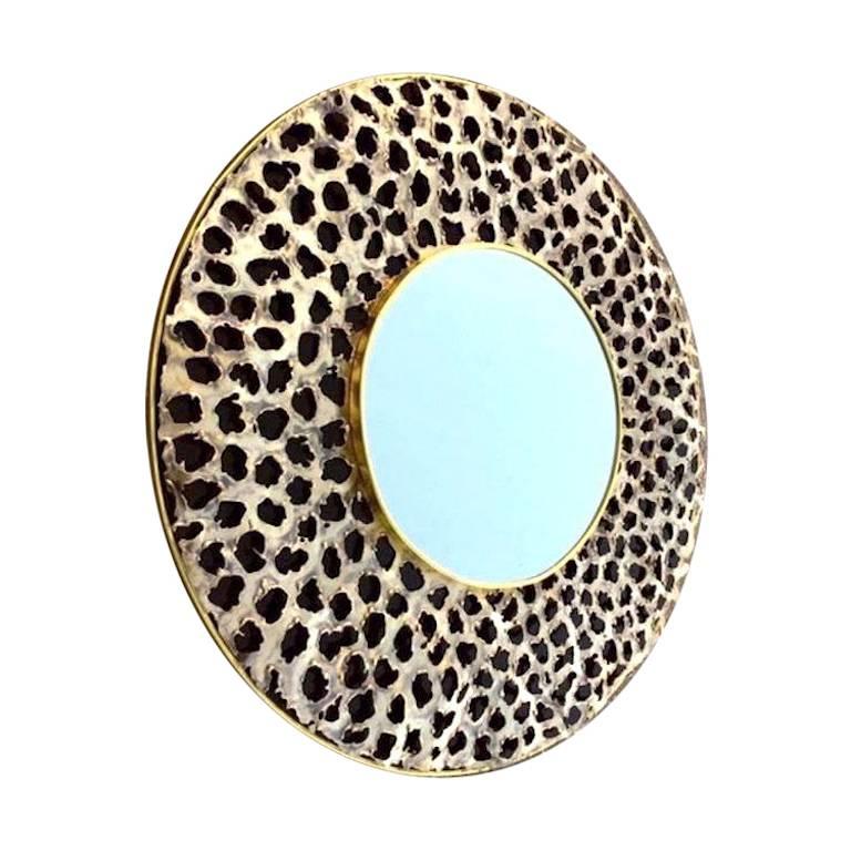 Italian contemporary work entirely handmade in perforated lace brass, the design is unique, the stepped round double frame is edged with a high quality brass border and decorated with a sculptural brass lace perforation hand worked with a blowtorch