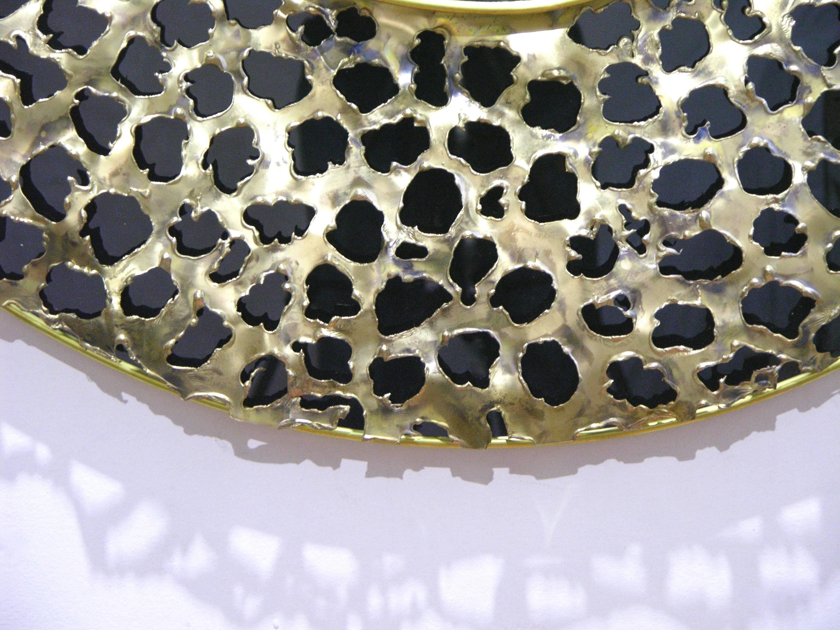 Opaline Glass Contemporary Italian Brutalist Leopard Brass and Black Glass Modern Round Mirror