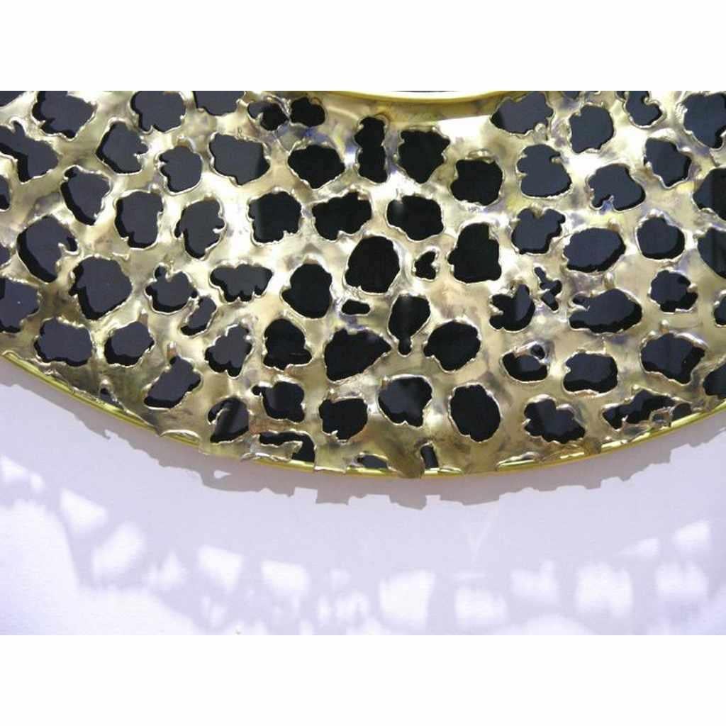 Contemporary Italian Brutalist Leopard Brass and Black Glass Modern Round Mirror For Sale 1