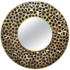 Contemporary Italian Brutalist Leopard Brass and Black Glass Modern Round Mirror