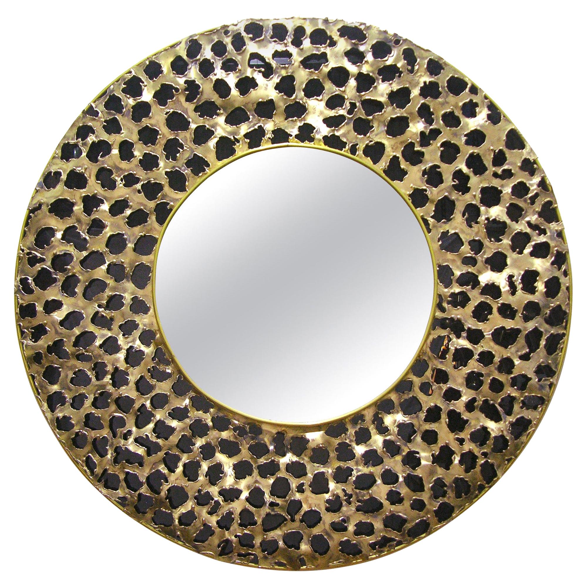Italian Brutalist Perforated Black Lacquer & Gold Brass Modern Round Mirror For Sale