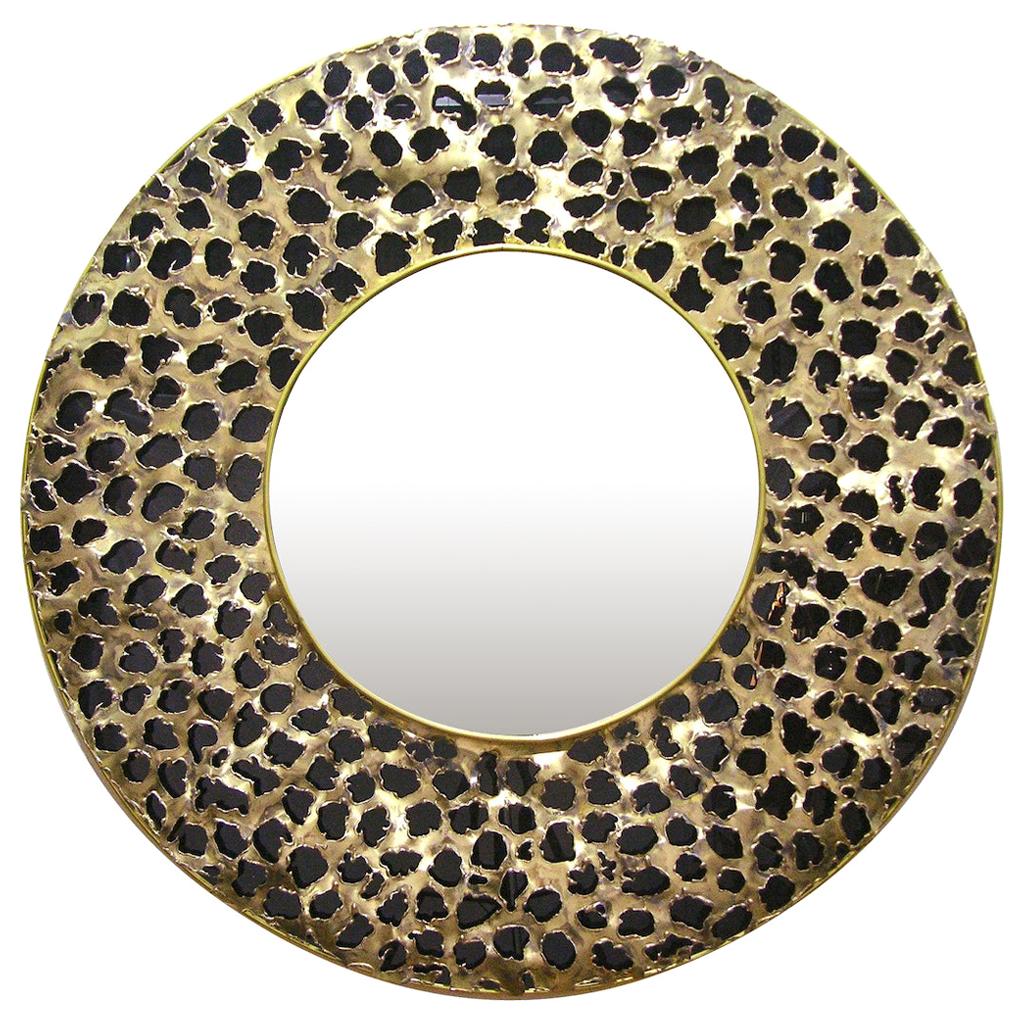 Contemporary Italian Brutalist Leopard Brass and Black Glass Modern Round Mirror For Sale