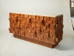 Contemporary Italian Brutalist Olive Wood Sideboard with Marble Top