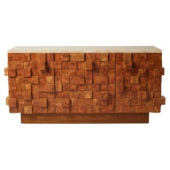 Contemporary Italian Brutalist Olive Wood Sideboard with Marble Top