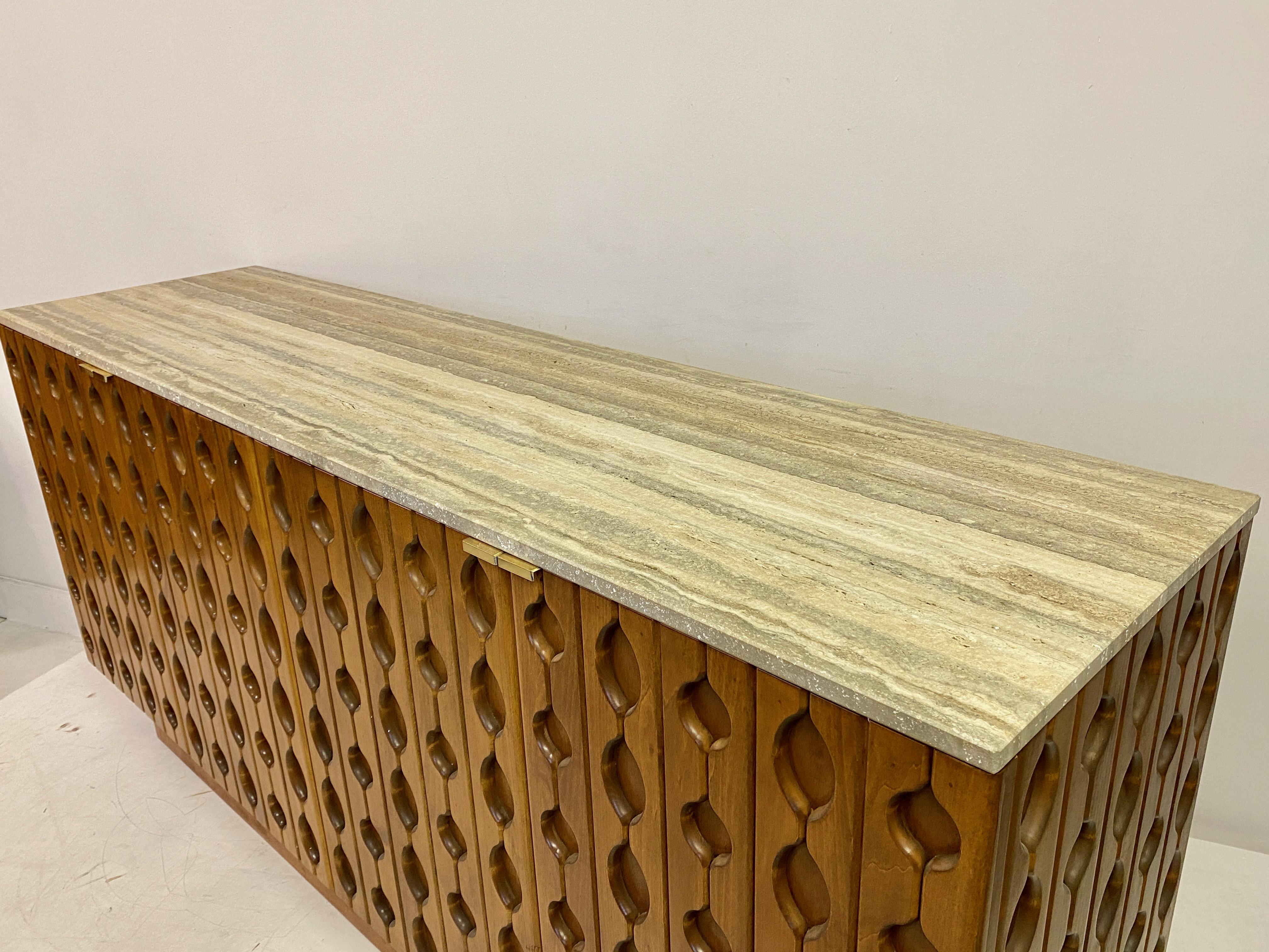 Contemporary Italian Brutalist Wood And Travertine Sideboard For Sale 7