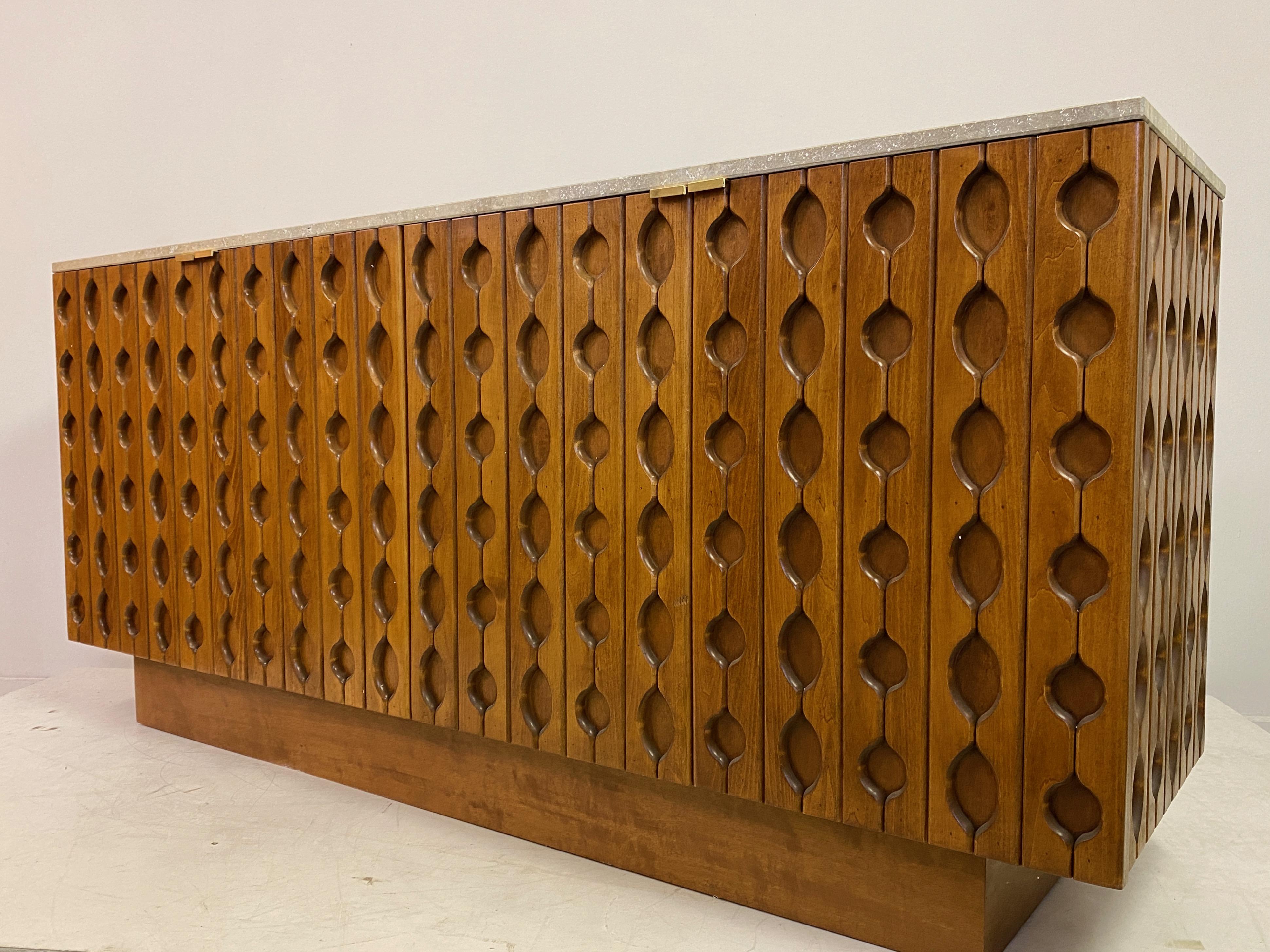 Contemporary Italian Brutalist Wood And Travertine Sideboard For Sale 8