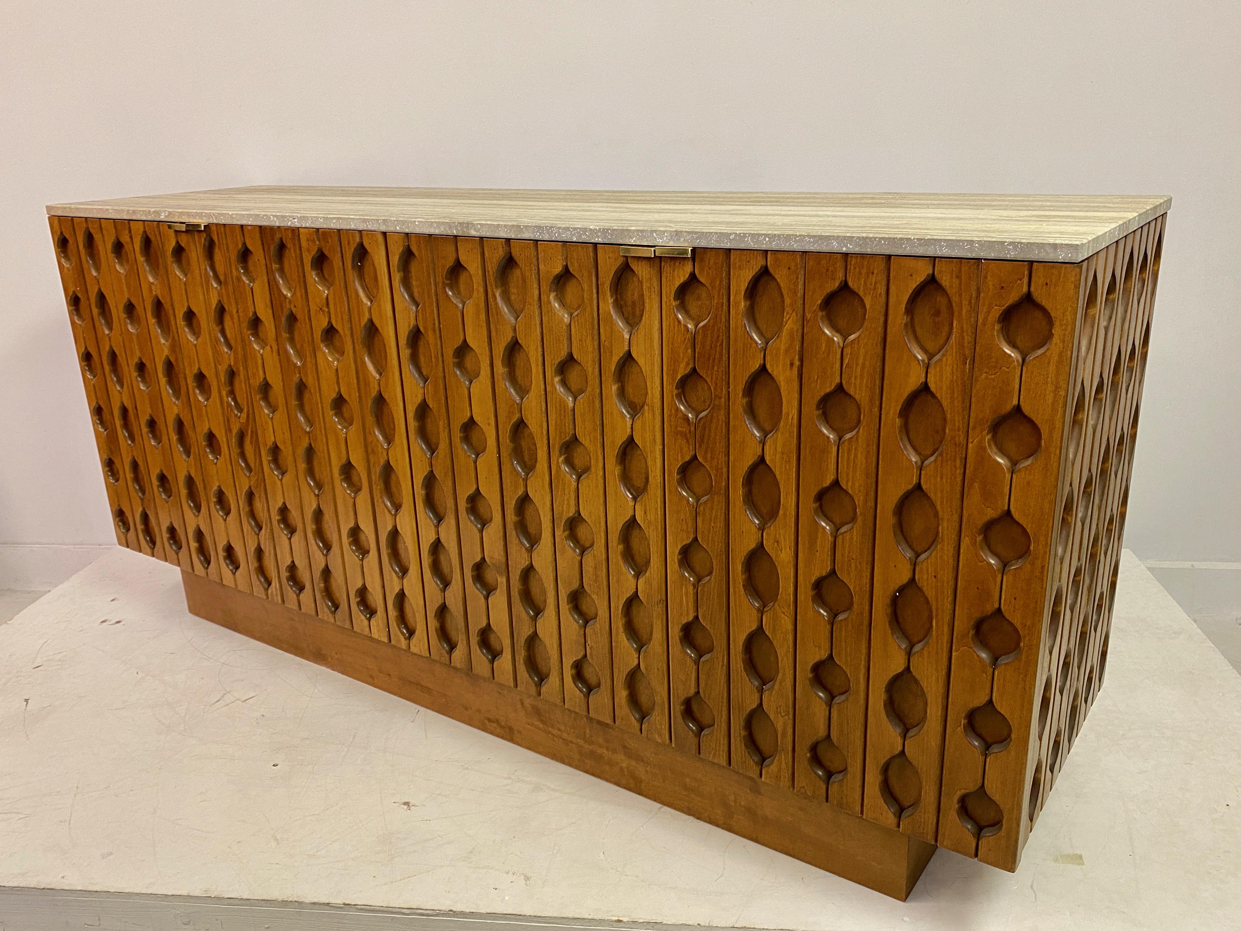 Contemporary Italian Brutalist Wood And Travertine Sideboard For Sale 9