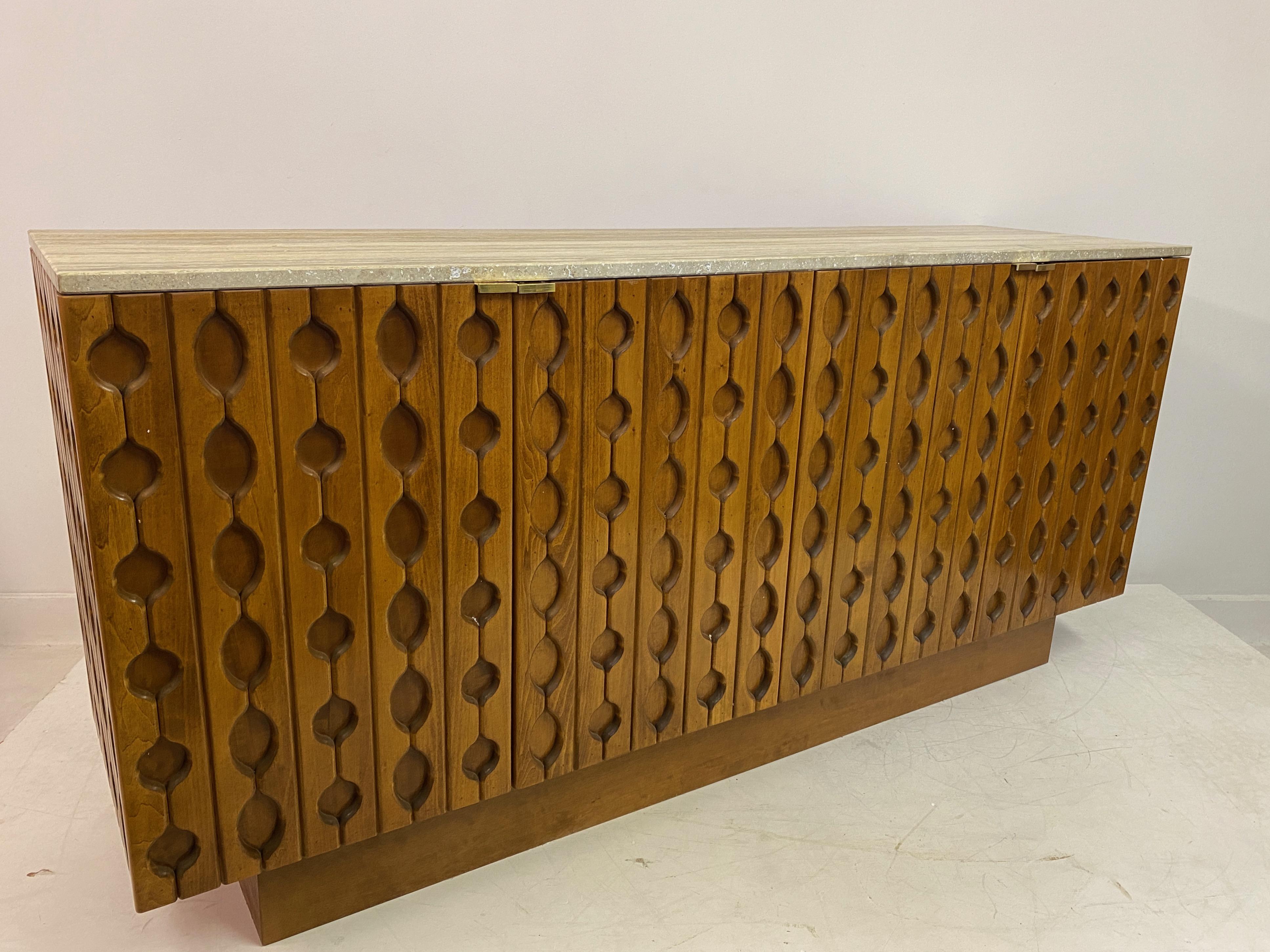 Contemporary Italian Brutalist Wood And Travertine Sideboard For Sale 14