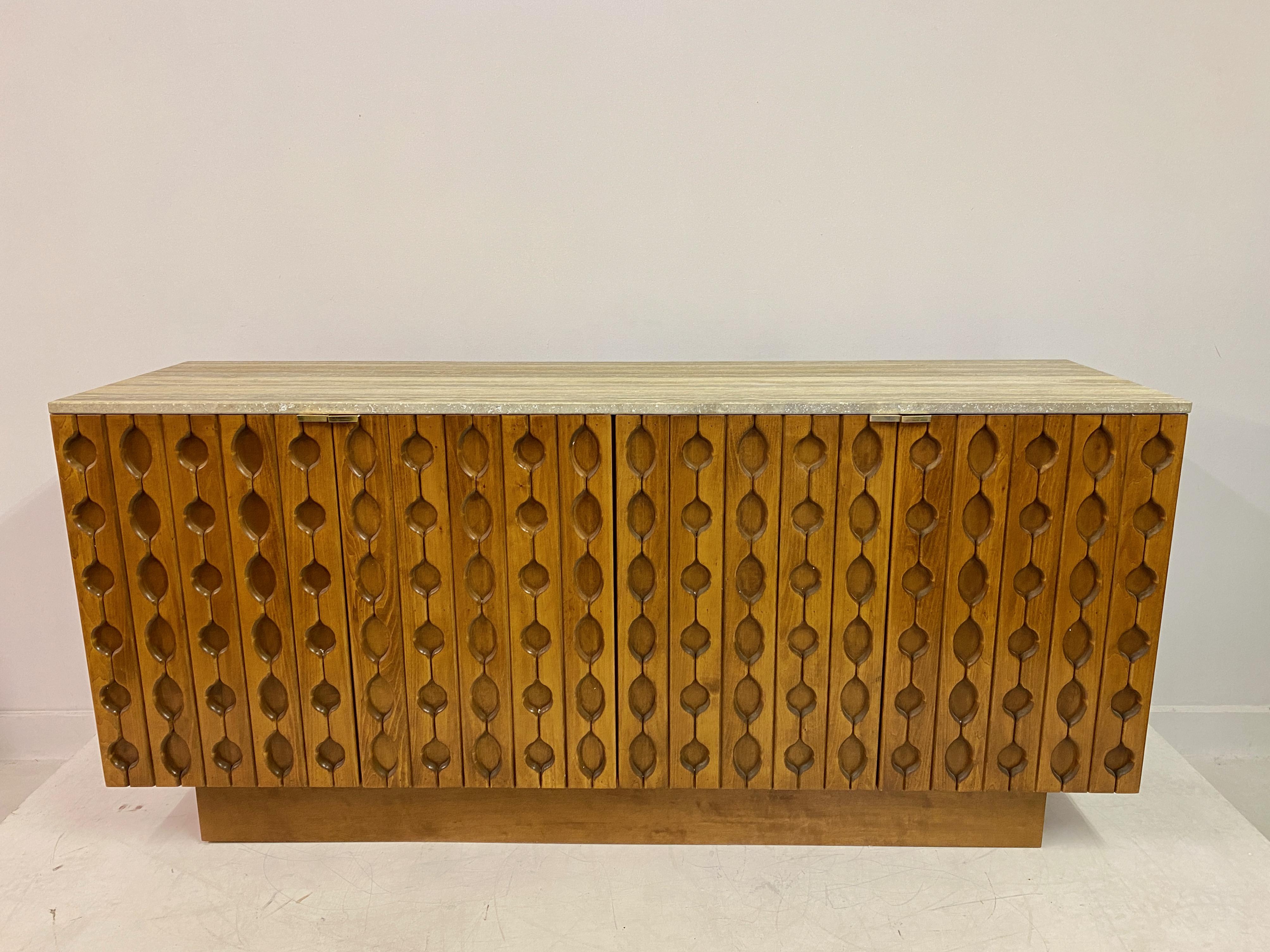 Mid-Century Modern Contemporary Italian Brutalist Wood And Travertine Sideboard For Sale