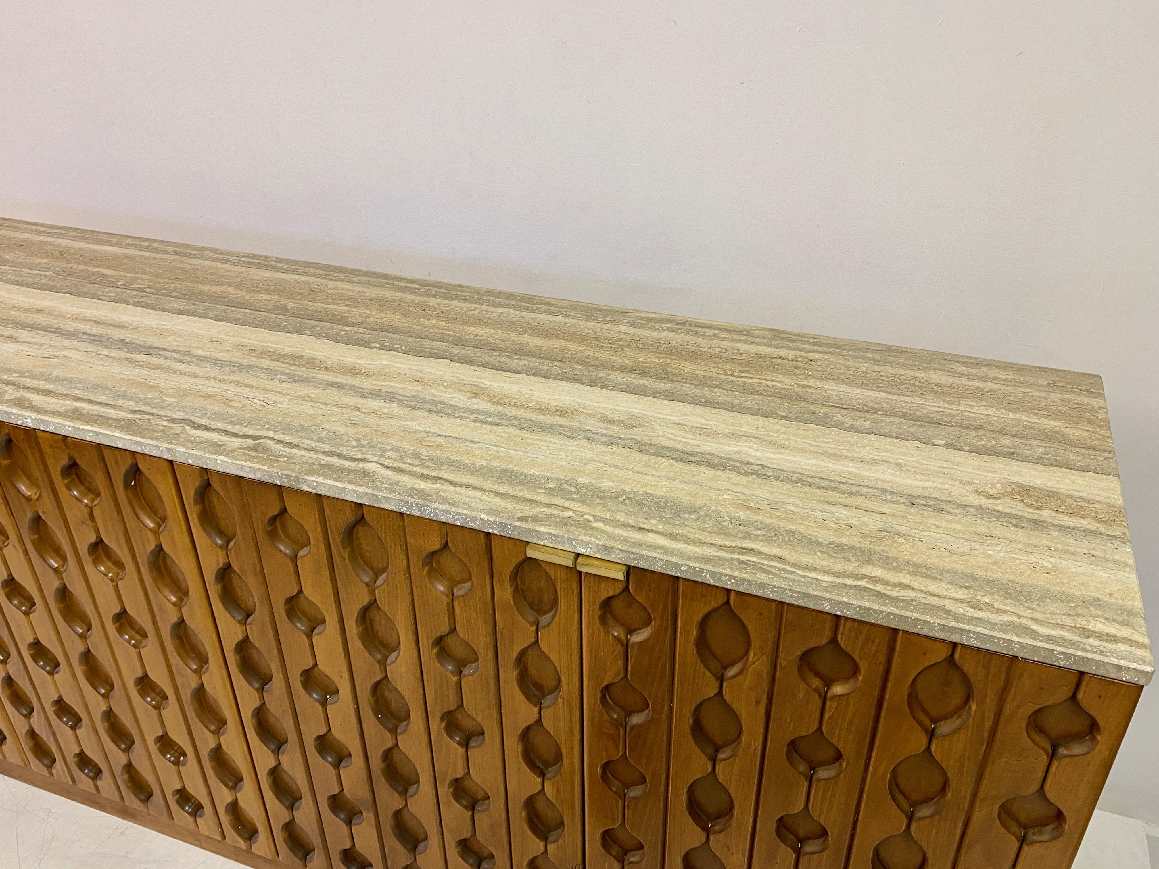 Contemporary Italian Brutalist Wood And Travertine Sideboard For Sale 2
