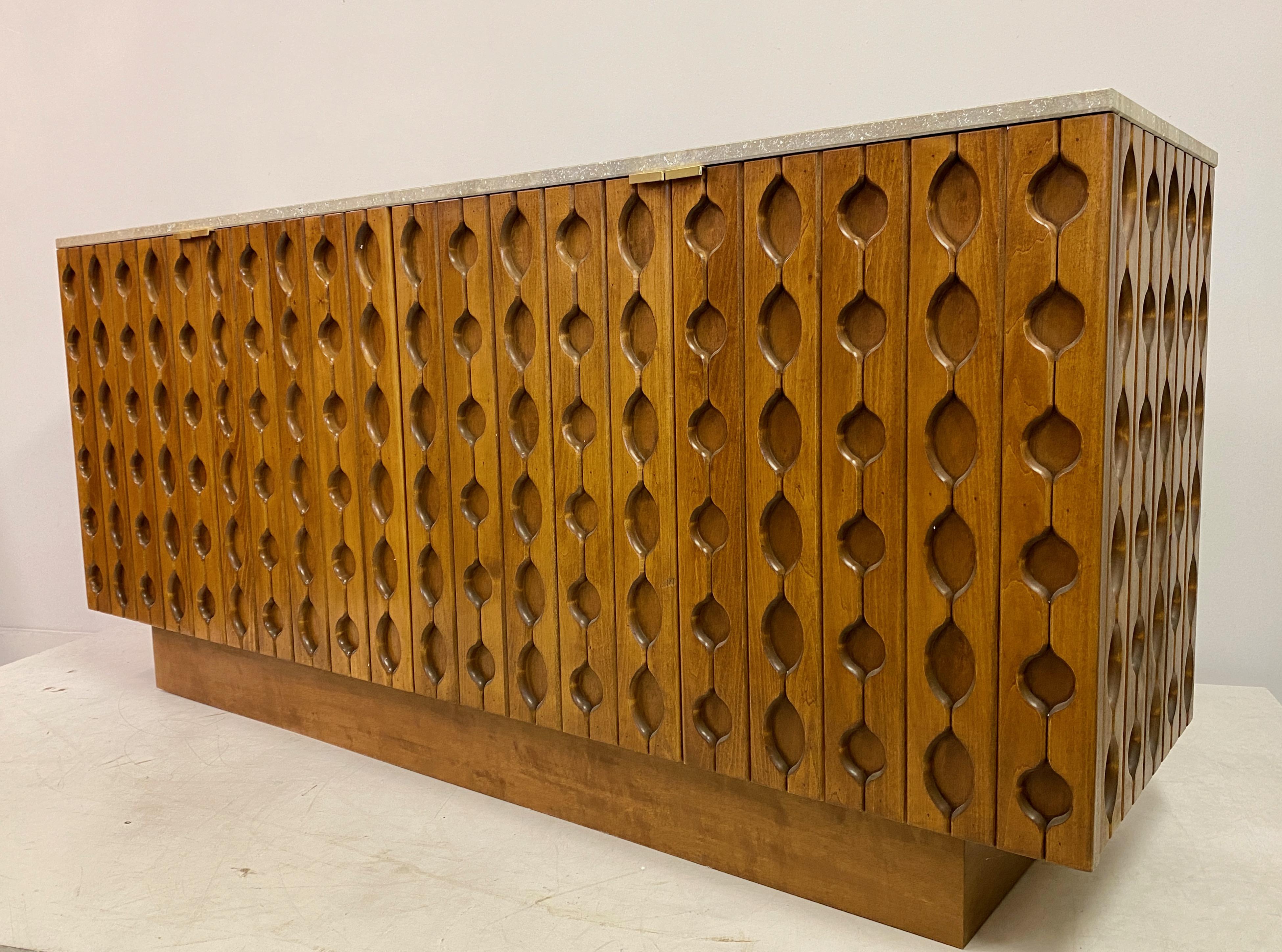 Contemporary Italian Brutalist Wood And Travertine Sideboard For Sale 4