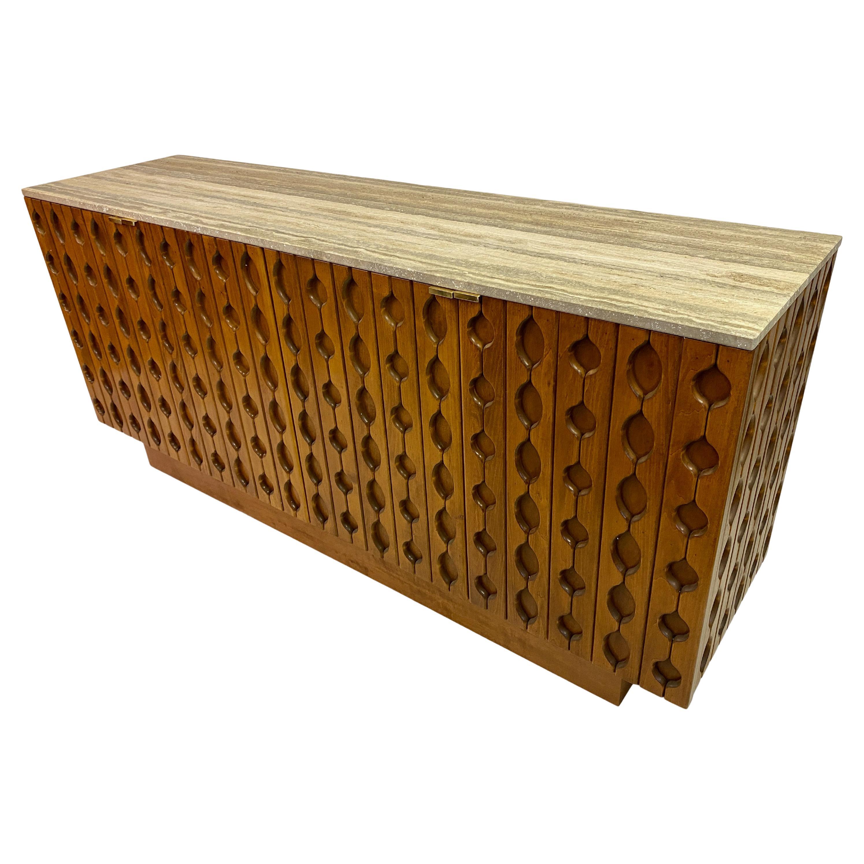 Contemporary Italian Brutalist Wood And Travertine Sideboard For Sale