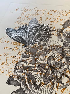 Grabado de prensa italiano contemporáneo "Mariposa" Hoja de plata pura, 2 de 2