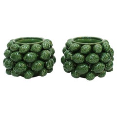 Contemporary Italian Green Ceramic Vase with Fruit Motifs