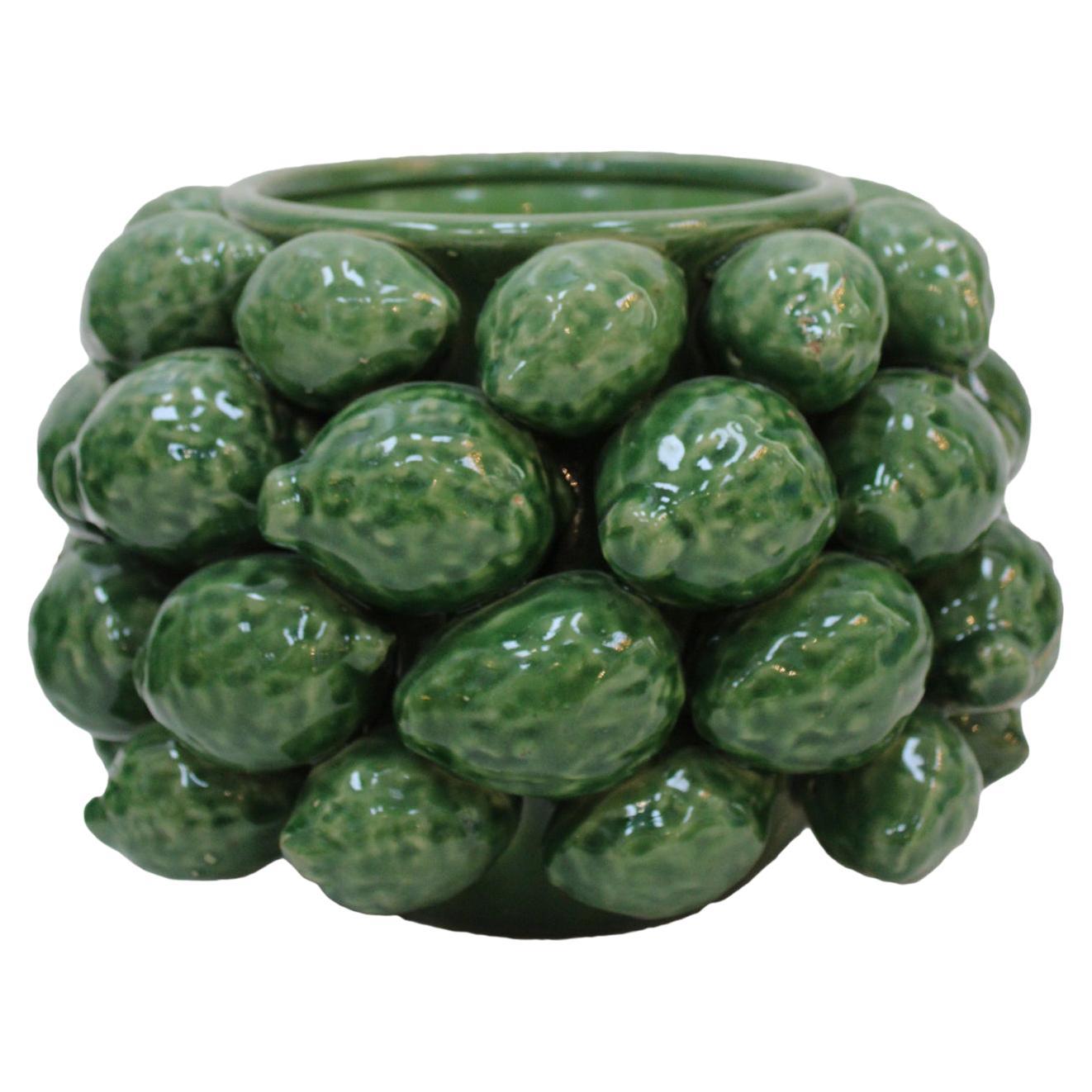 Contemporary Italian Green Ceramic Vase with Fruit Motifs For Sale