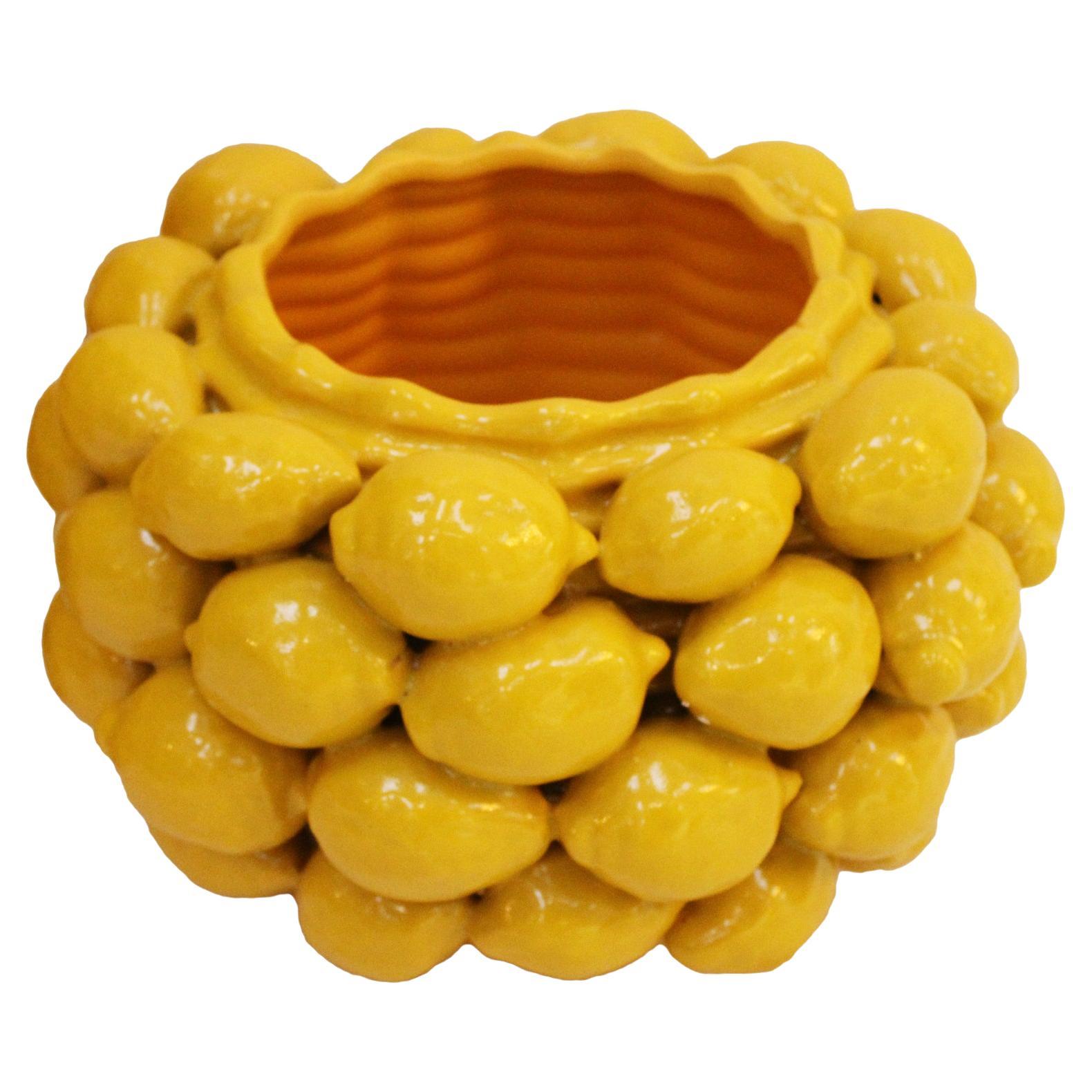 Contemporary Italian Ceramic Yellow Rounded Vase with Fruit Motifs For Sale