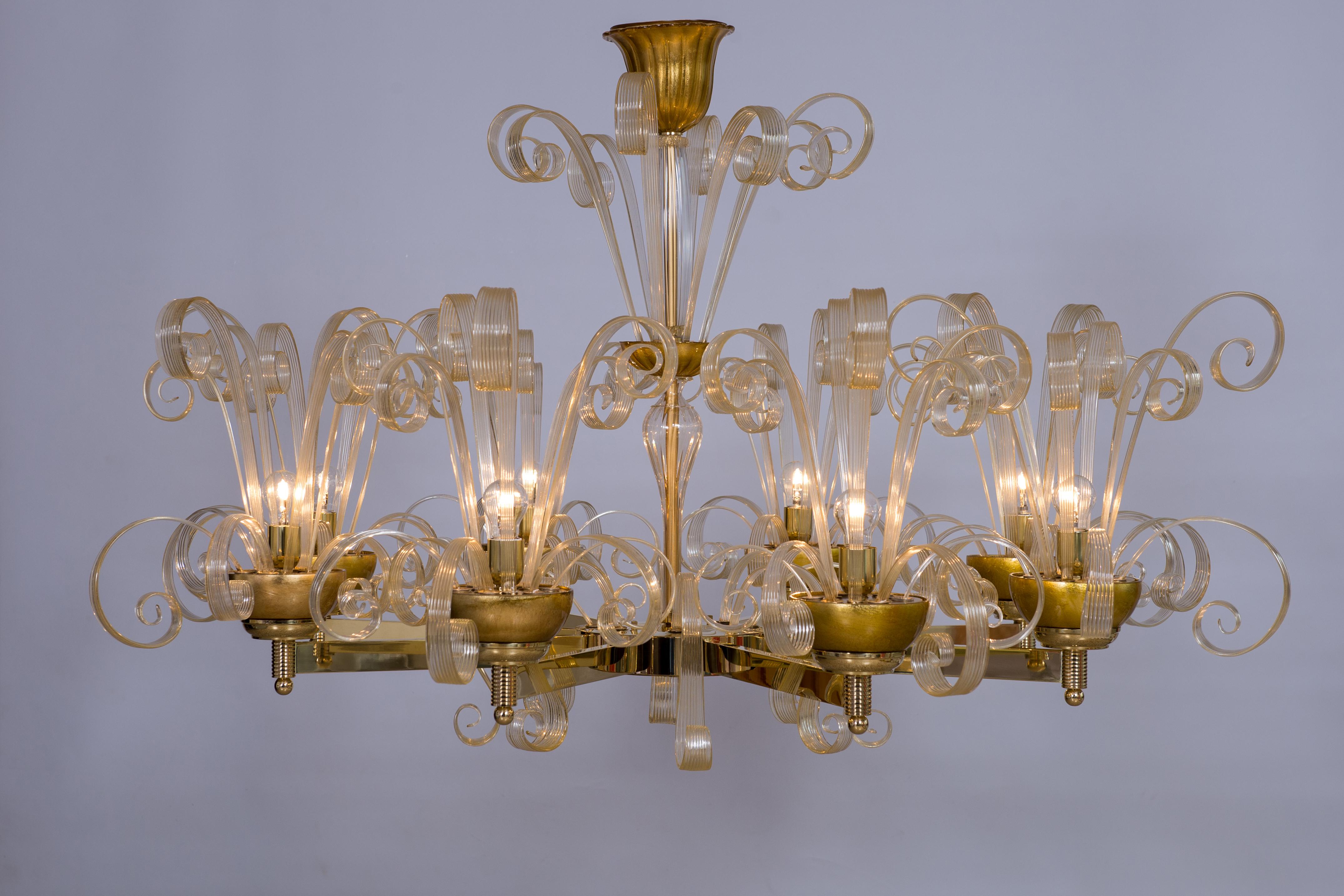 Italian Rare Gold Murano Glass Chandelier Gold Pastorals Giovanni Dalla Fina Italy 21st For Sale