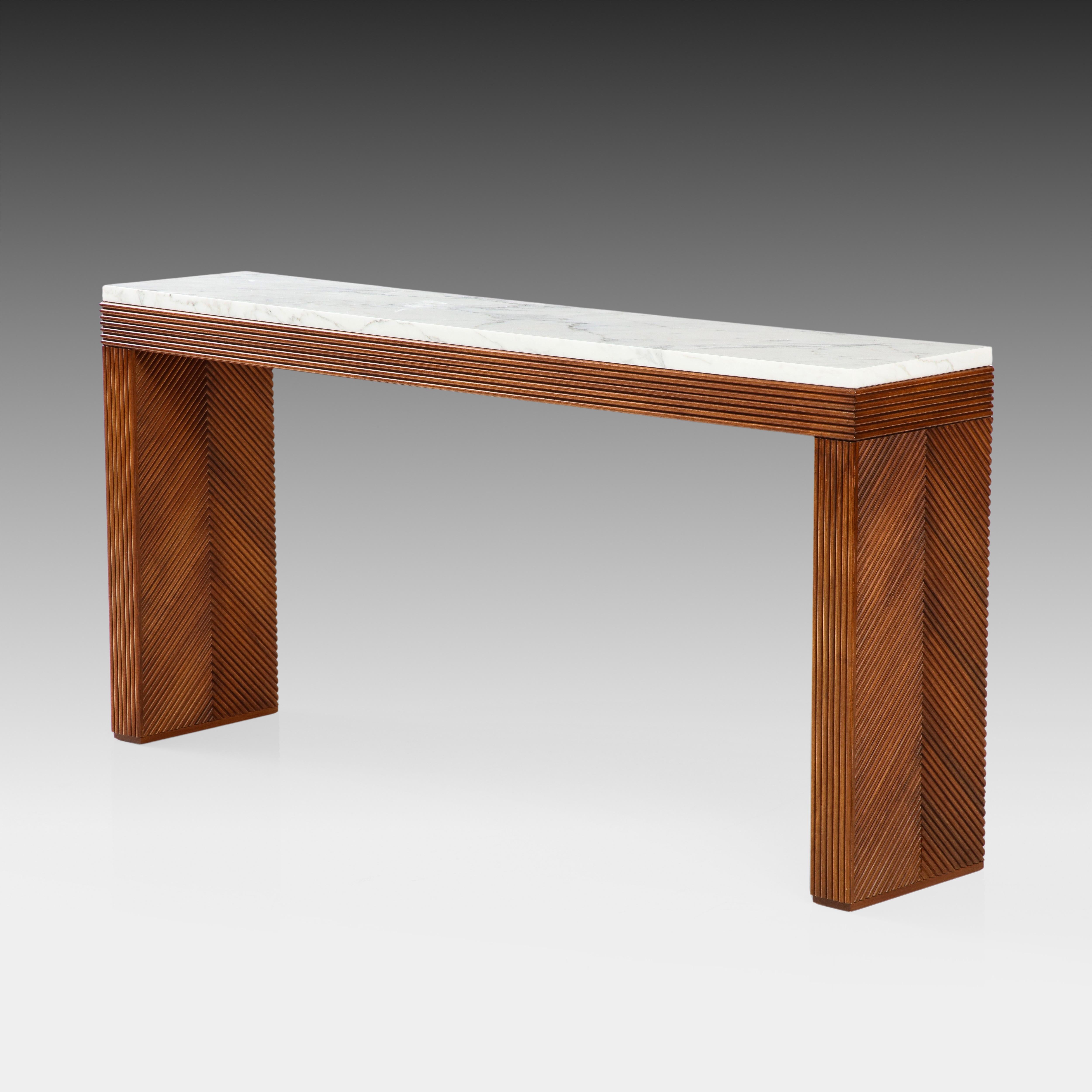 Mid-Century Modern Contemporary Italian Cherry Wood and Carrara Marble Console For Sale