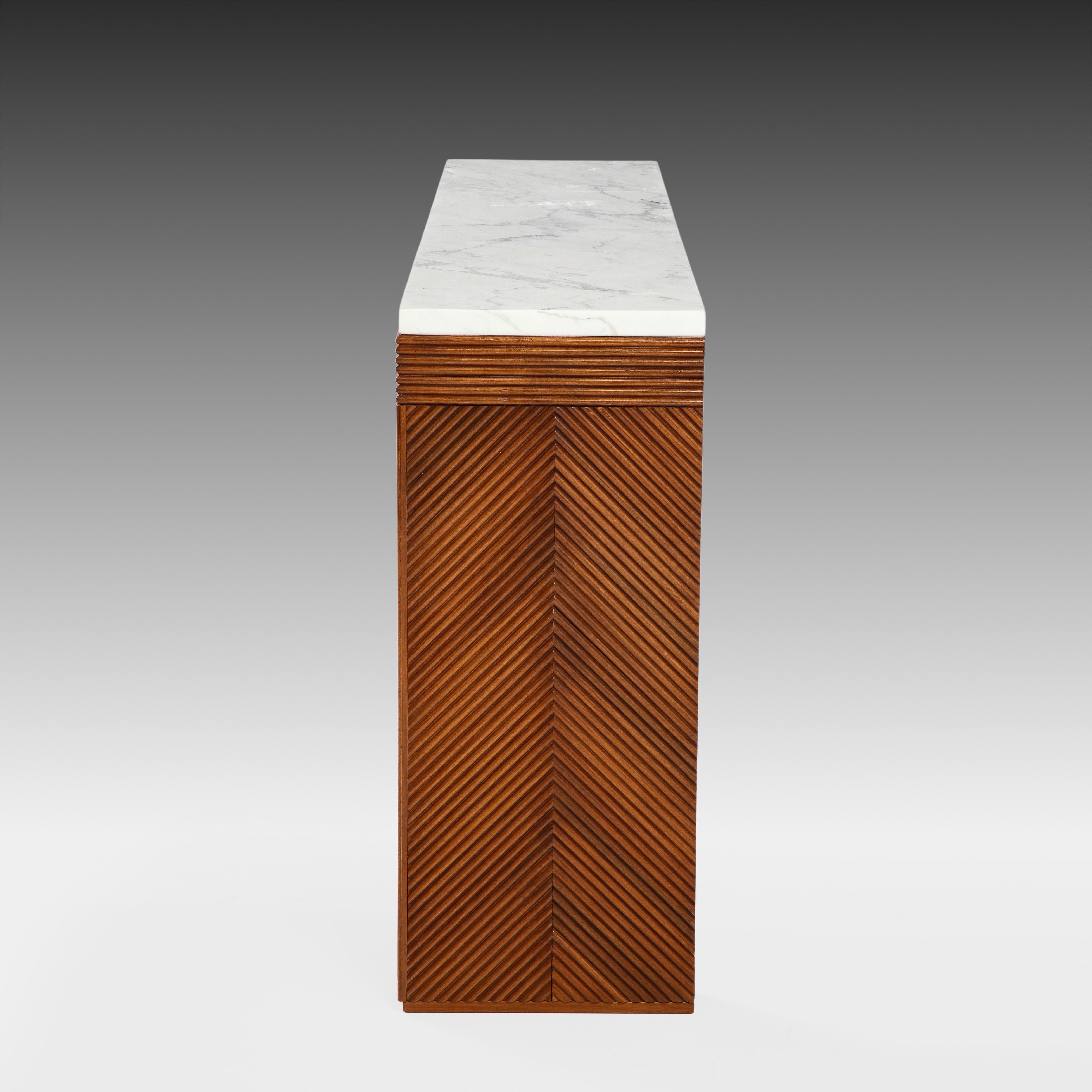 Carved Contemporary Italian Cherry Wood and Carrara Marble Console For Sale