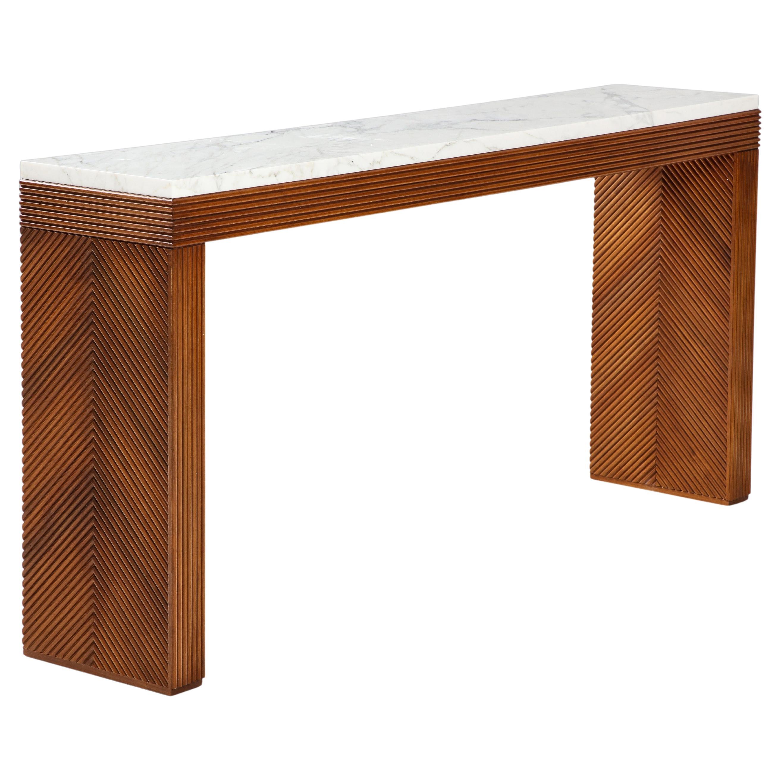 Contemporary Italian Cherry Wood and Carrara Marble Console For Sale