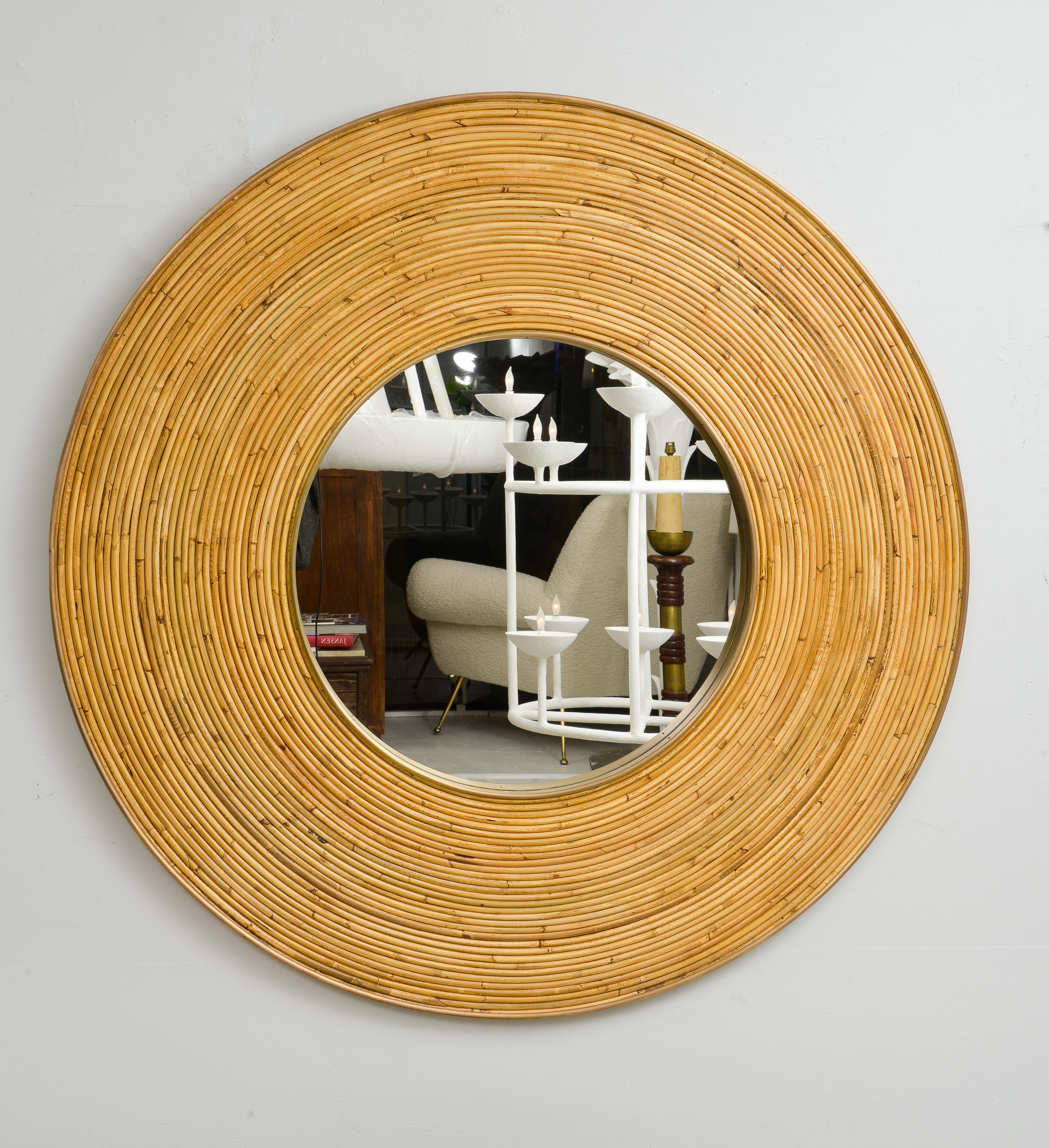 Modern Contemporary Italian Circular Rattan Mirror For Sale