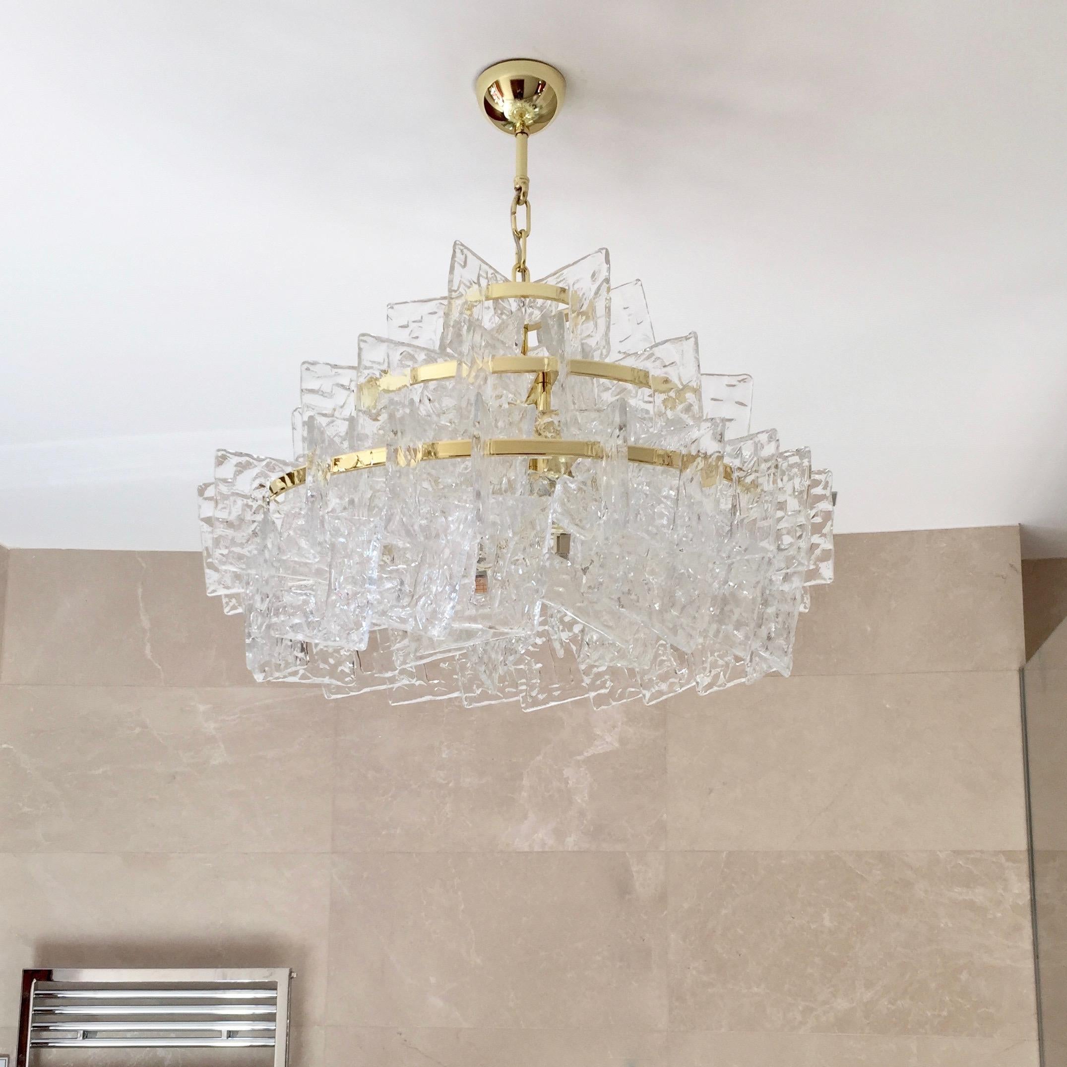 Contemporary Italian Couture Crystal Clear Murano Glass Round Brass Chandelier 1