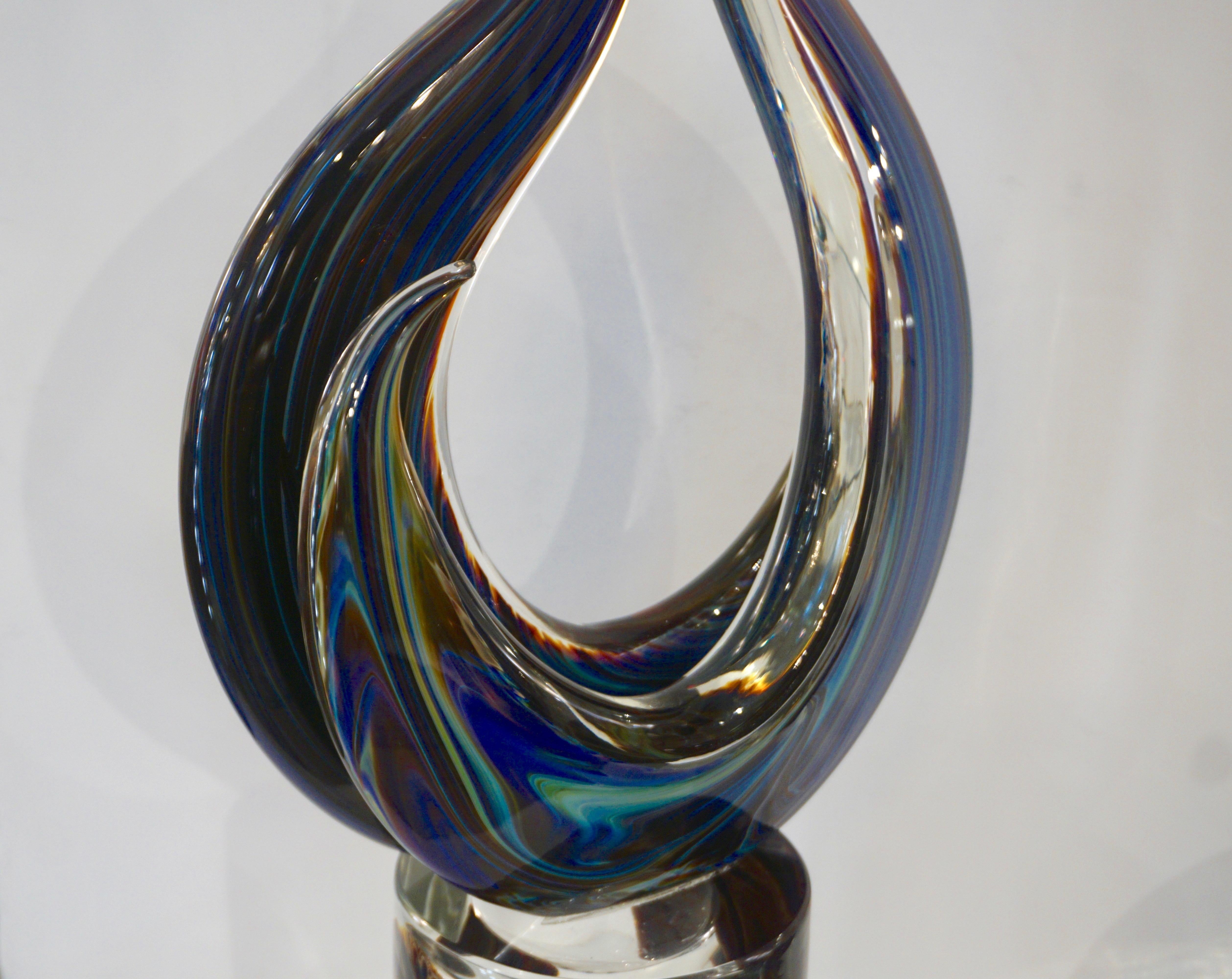 Minimalist Contemporary Italian Crystal Blue Orange Brown Murano Glass Love Sculpture