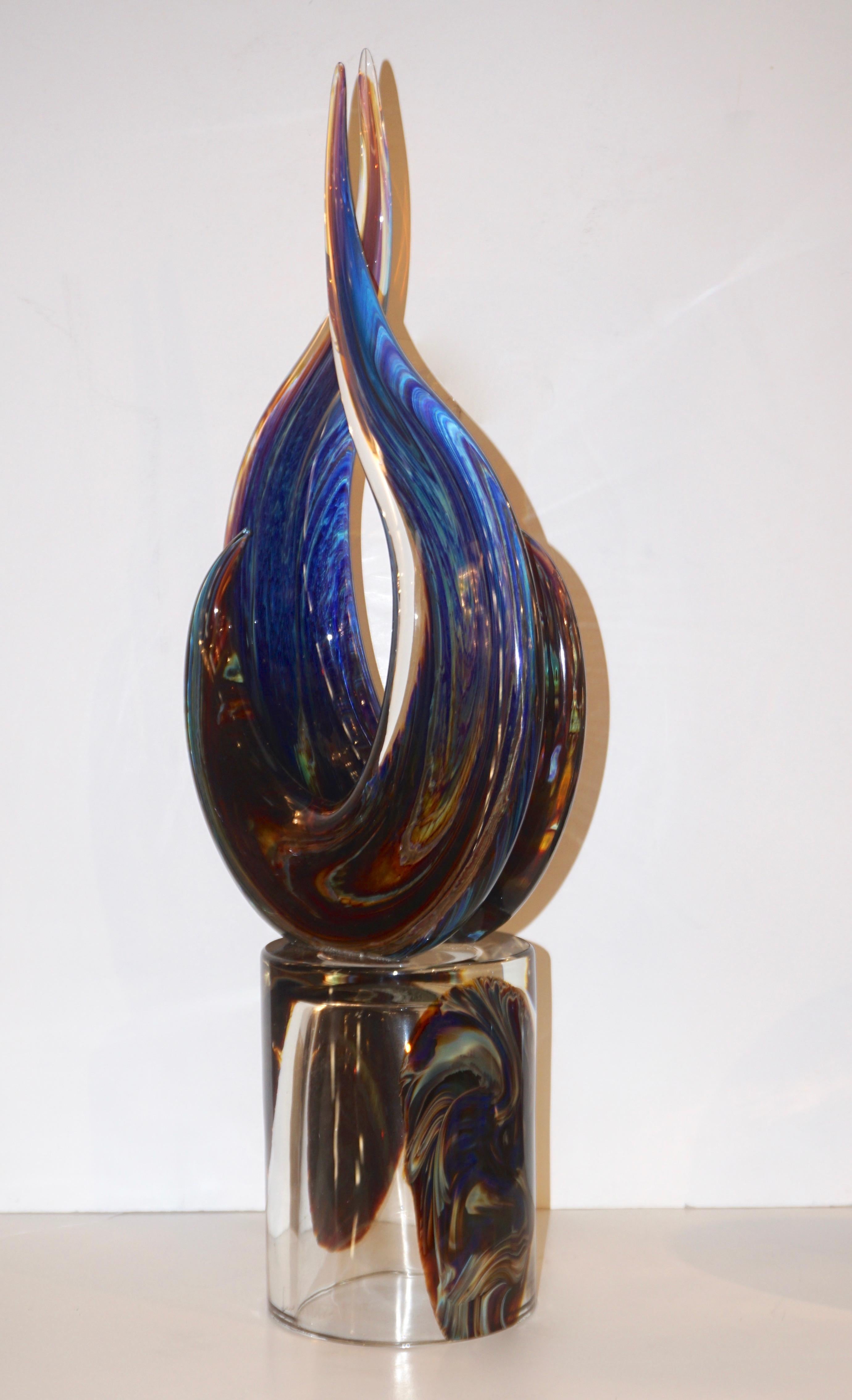 Hand-Crafted Contemporary Italian Crystal Blue Orange Brown Murano Glass Love Sculpture