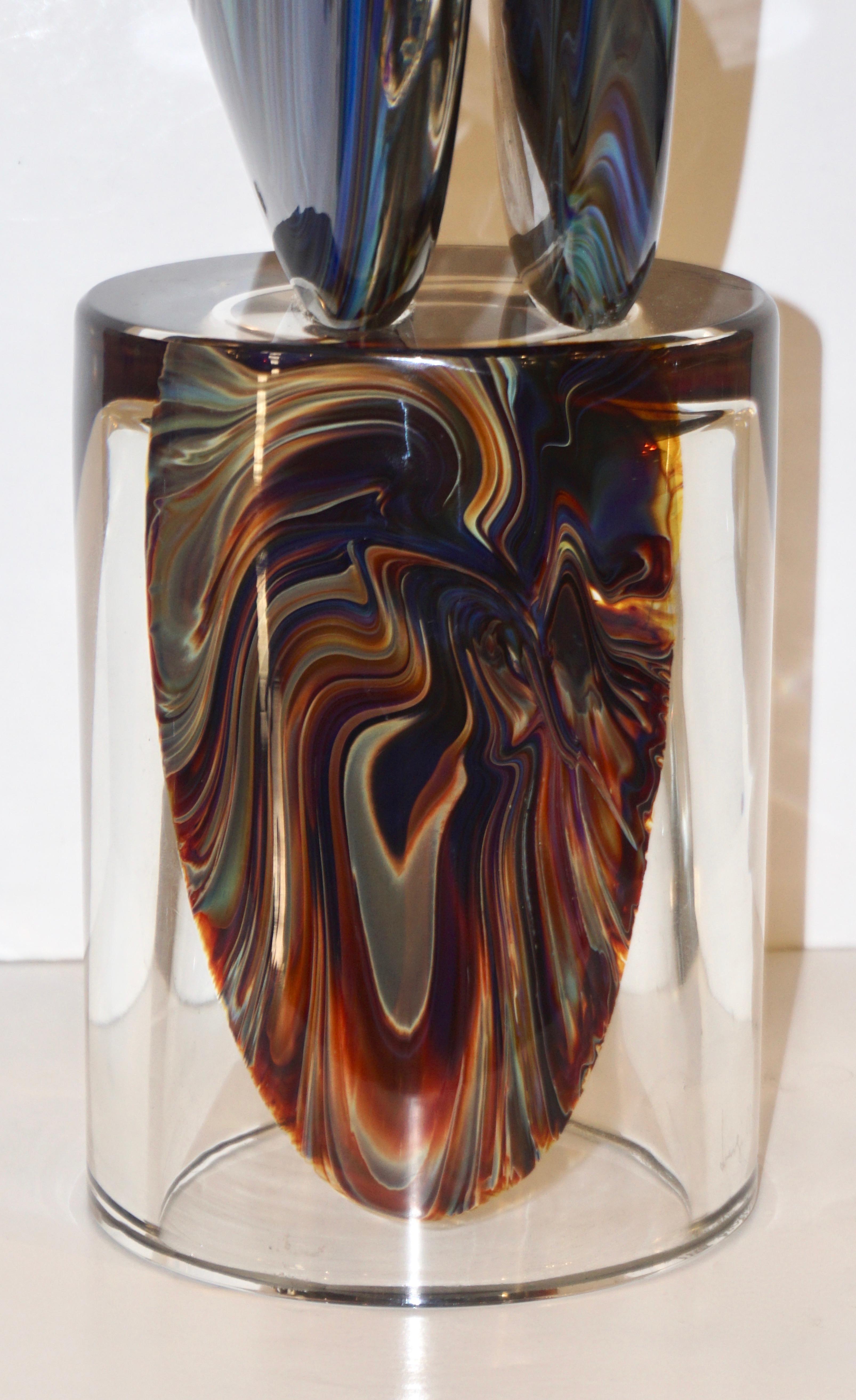 Contemporary Italian Crystal Blue Orange Brown Murano Glass Love Sculpture 1