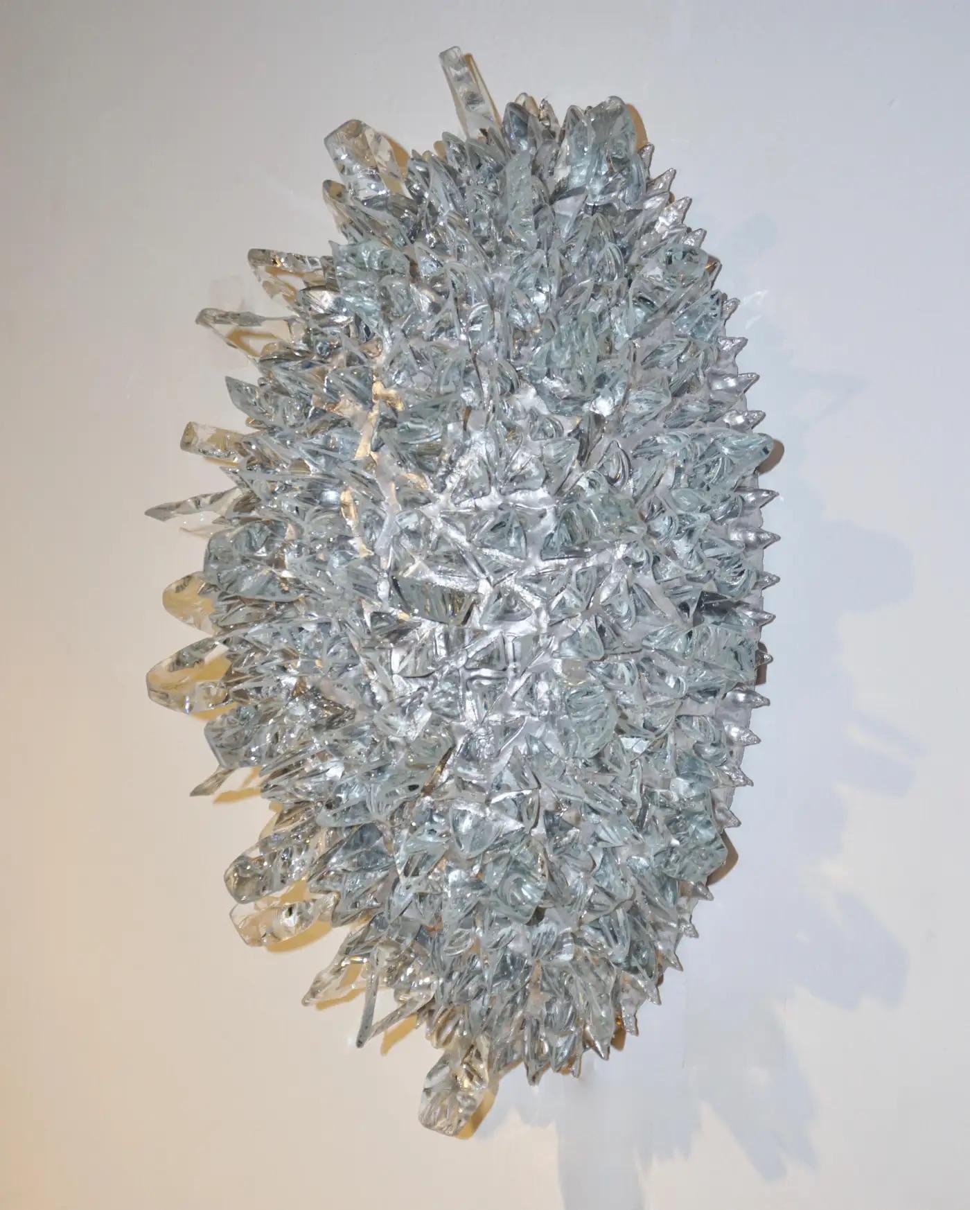 Organic Modern Contemporary Italian Crystal Clear Glass Oval Silver Flush Mount / Sconce For Sale