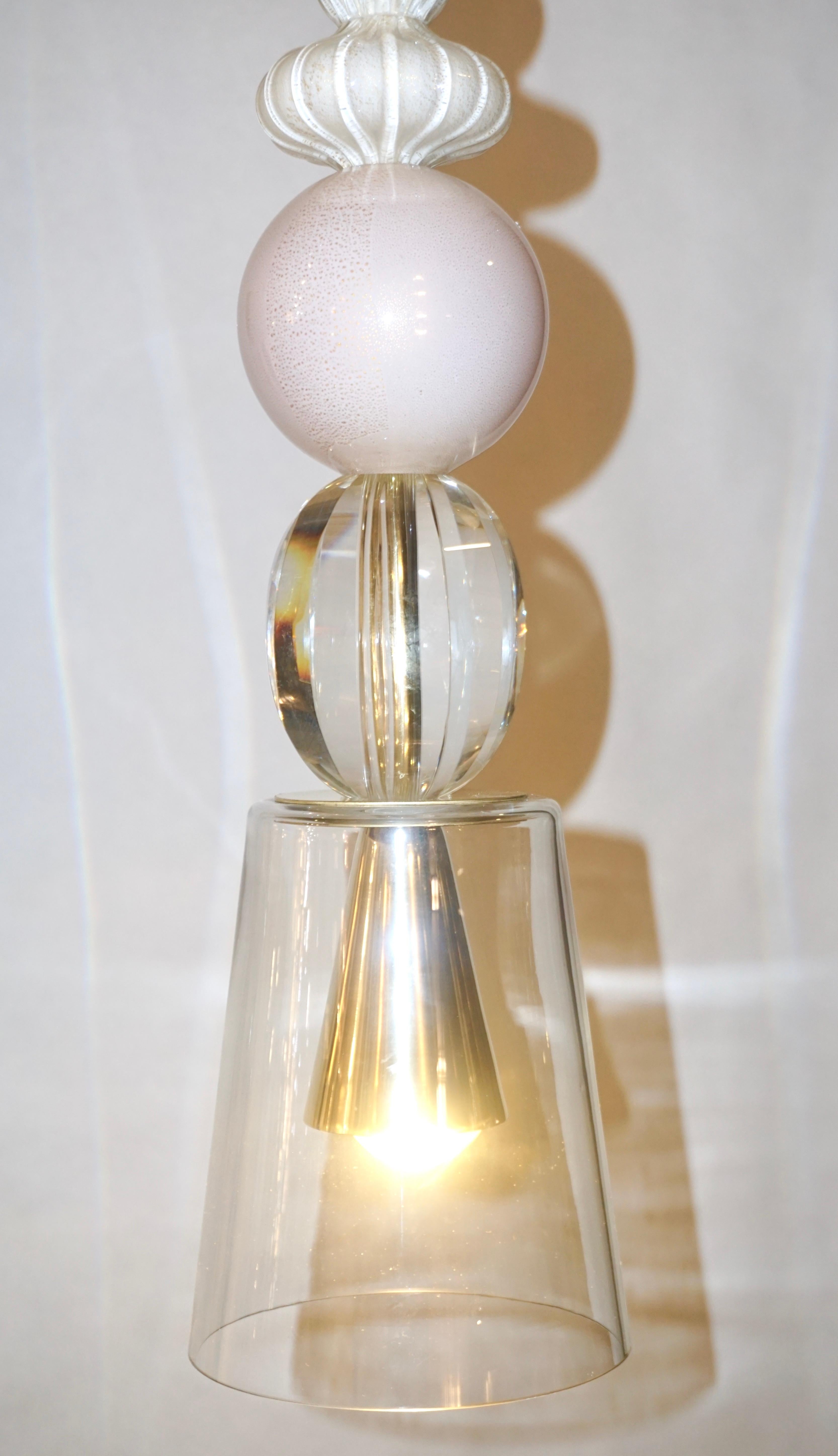 Organic Modern Contemporary Italian Crystal Pink & Gold Cream White Murano Glass Pendant Light For Sale